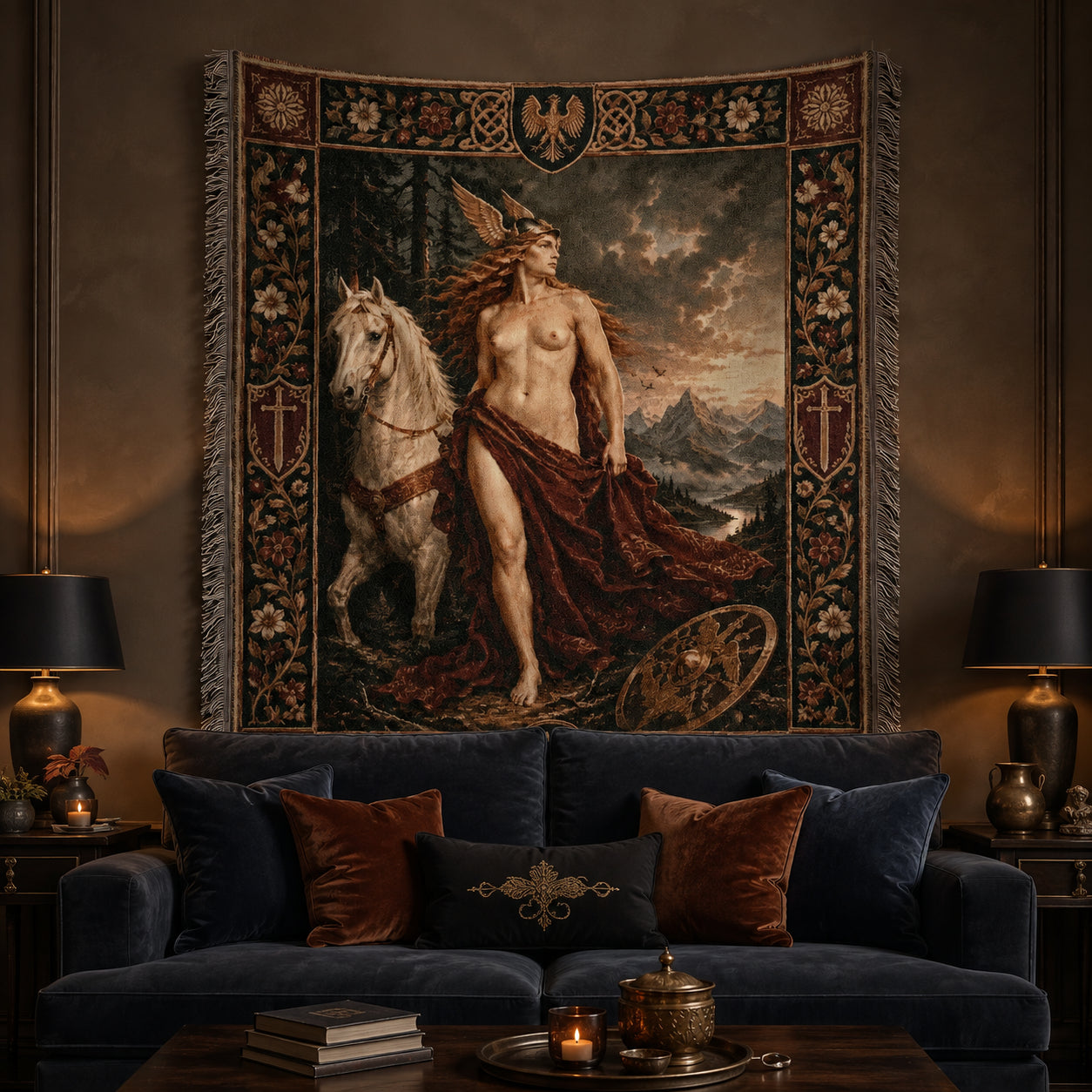 Norse God and White Horse Woven Blanket – Viking Mythology Tapestry Throw