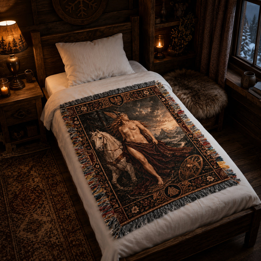 Norse God and White Horse Woven Blanket – Viking Mythology Tapestry Throw