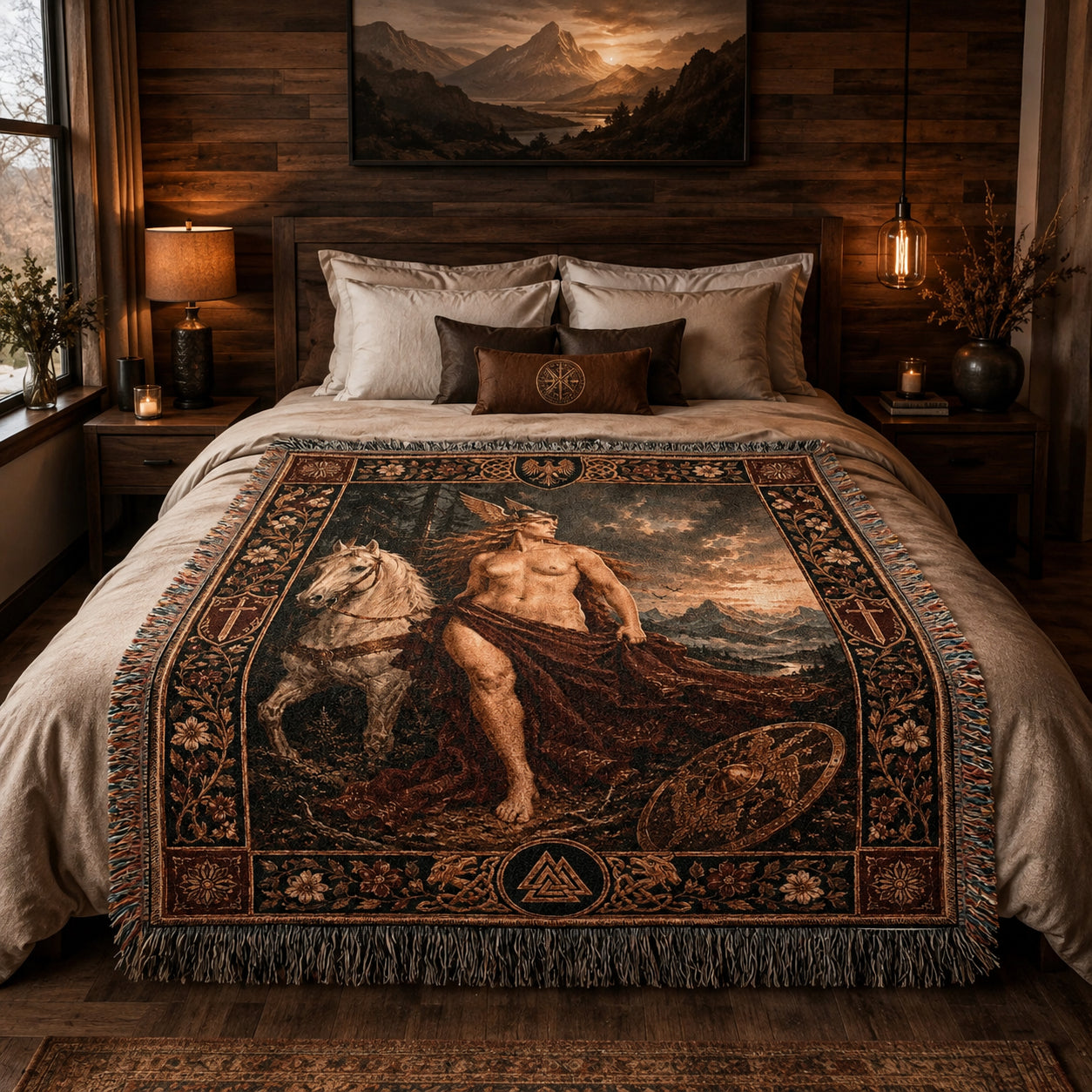 Norse God and White Horse Woven Blanket – Viking Mythology Tapestry Throw