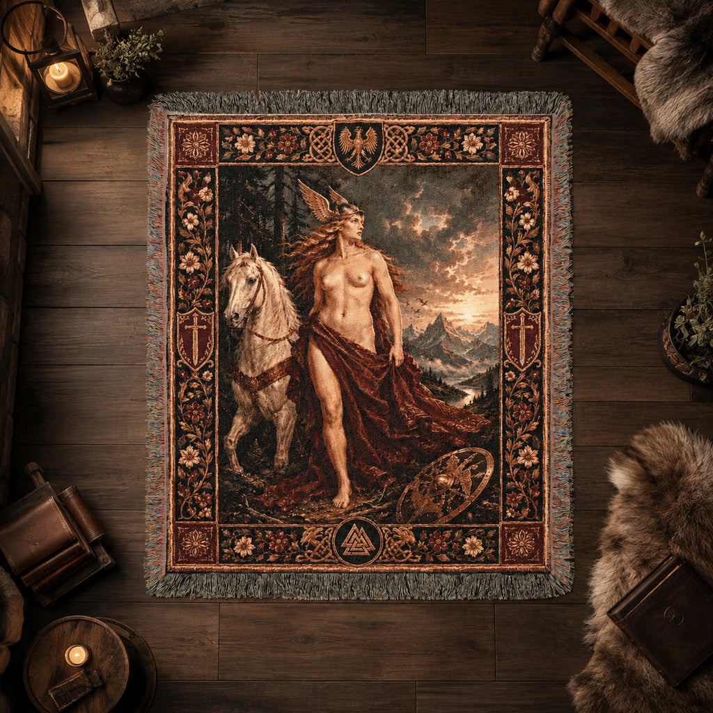 Norse God and White Horse Woven Blanket – Viking Mythology Tapestry Throw