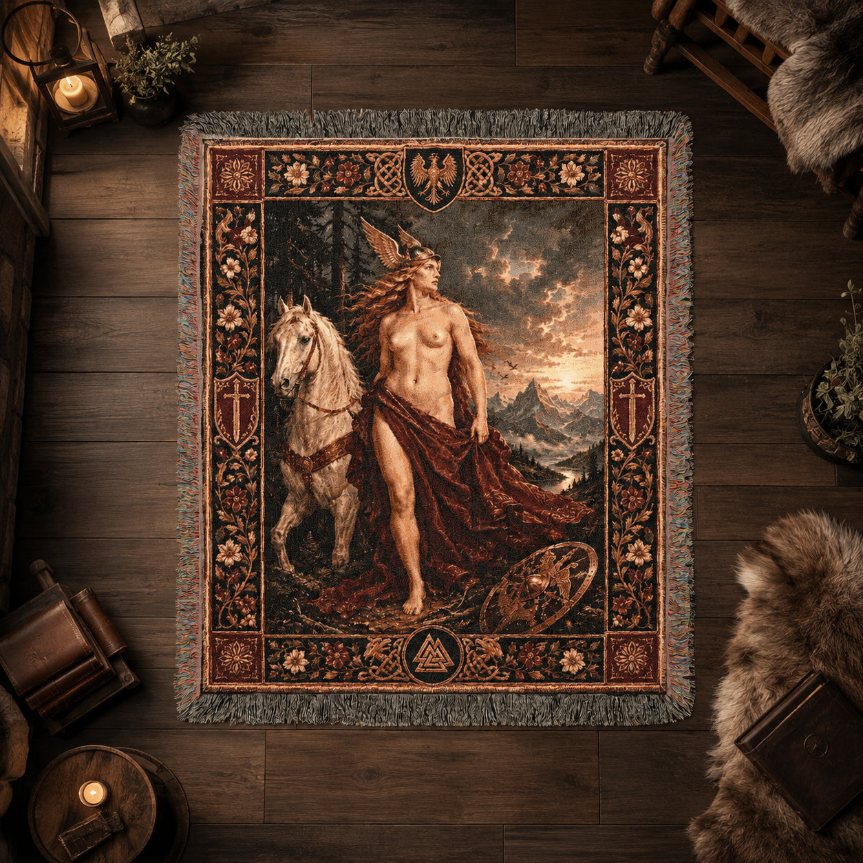 Norse God and White Horse Woven Blanket – Viking Mythology Tapestry Throw