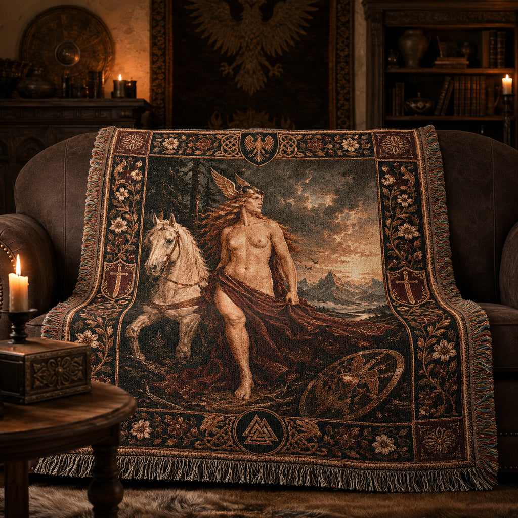 Norse God and White Horse Woven Blanket – Viking Mythology Tapestry Throw