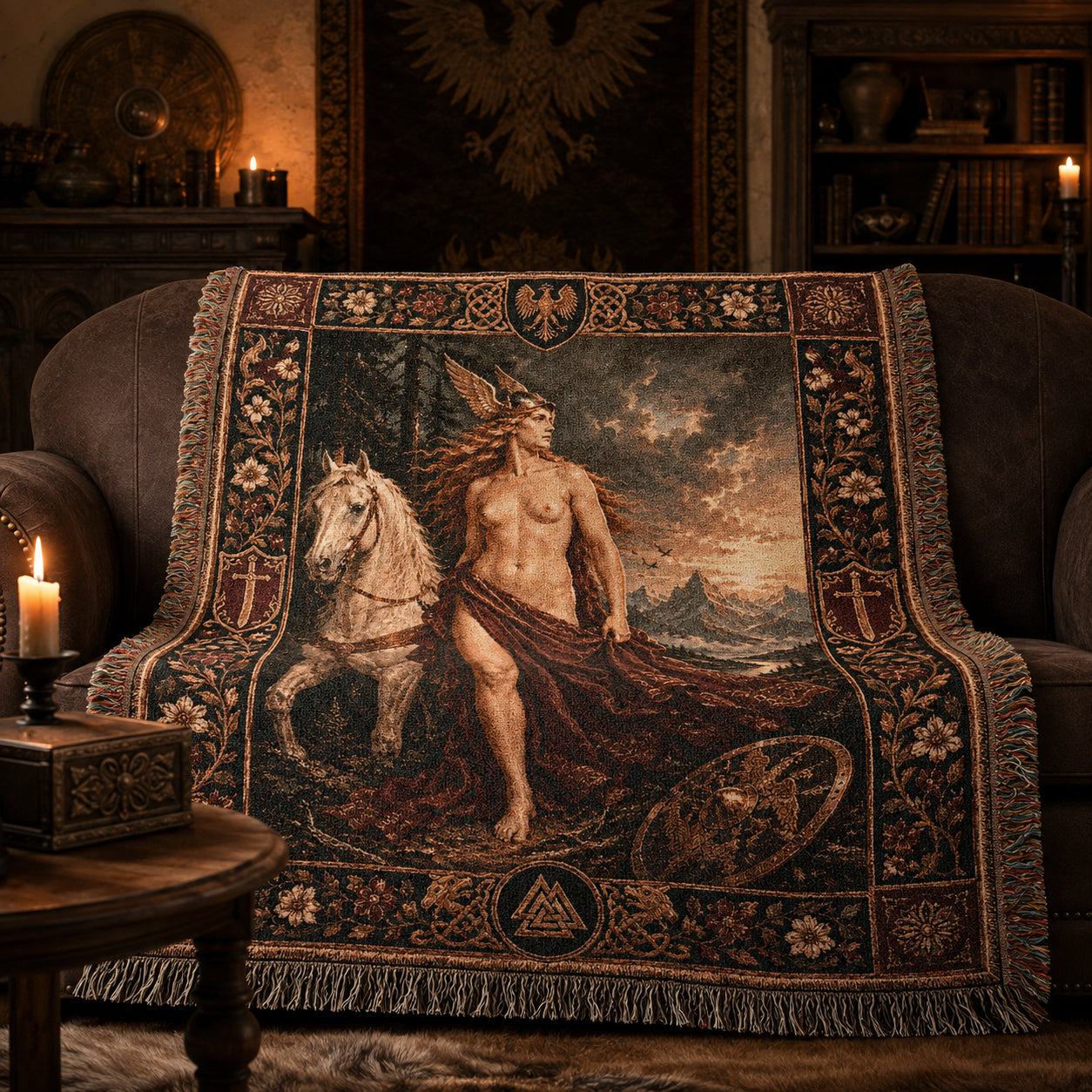 Norse God and White Horse Woven Blanket – Viking Mythology Tapestry Throw
