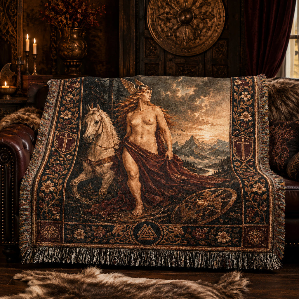 Norse God and White Horse Woven Blanket – Viking Mythology Tapestry Throw