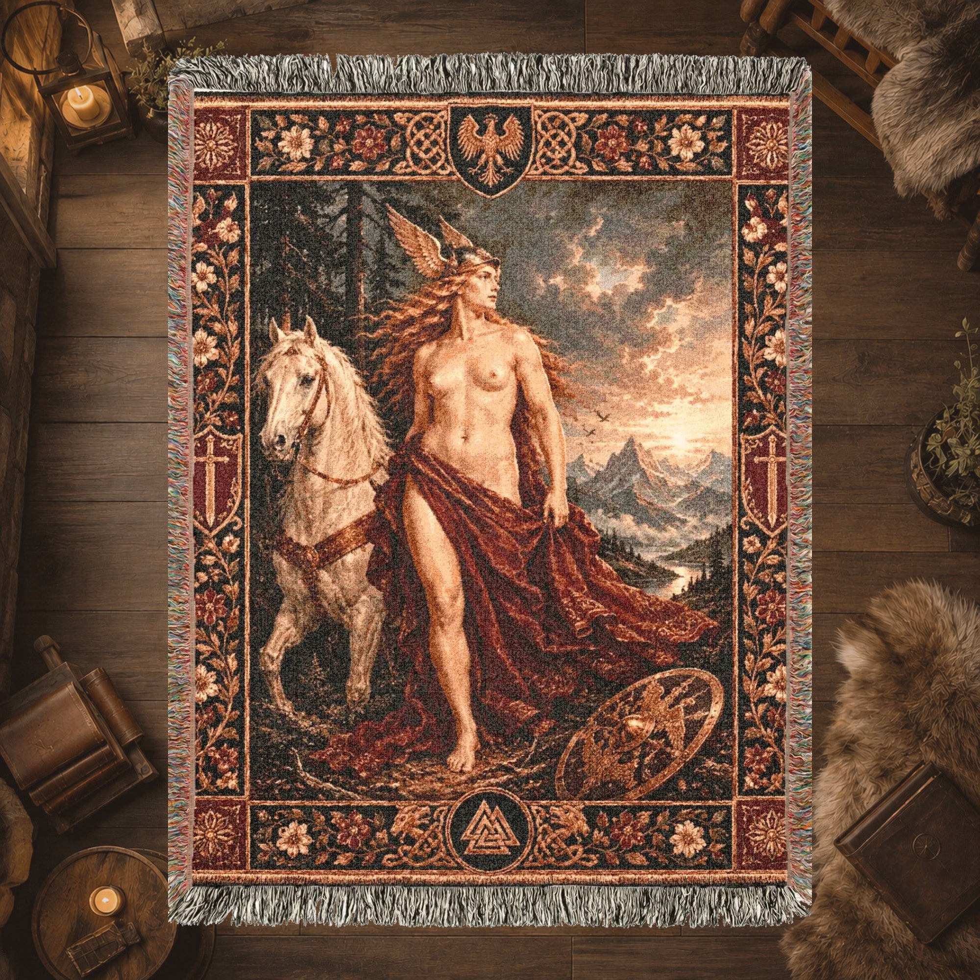 Norse God and White Horse Woven Blanket – Viking Mythology Tapestry Throw