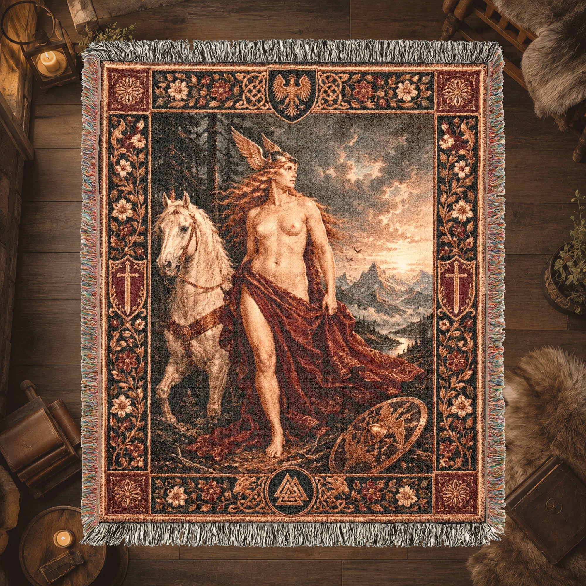 Norse God and White Horse Woven Blanket – Viking Mythology Tapestry Throw