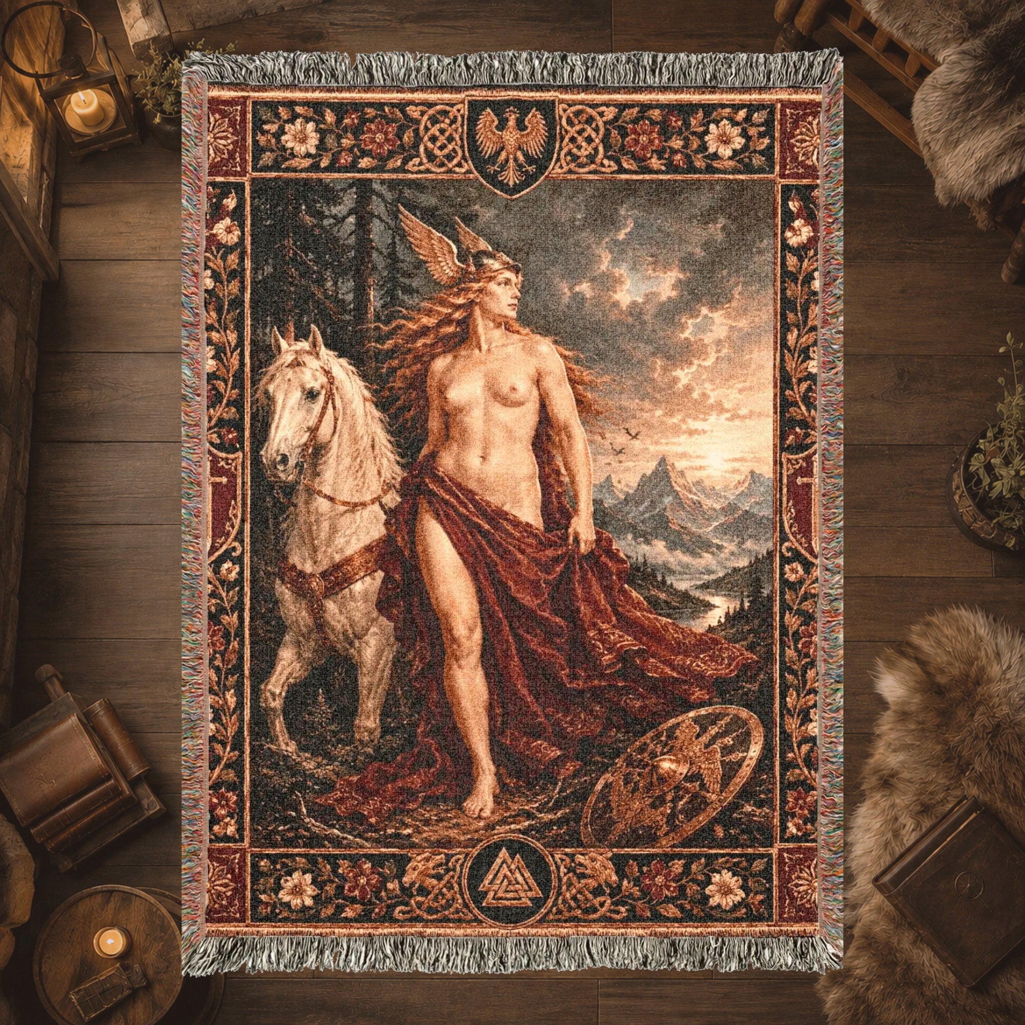 Norse God and White Horse Woven Blanket – Viking Mythology Tapestry Throw