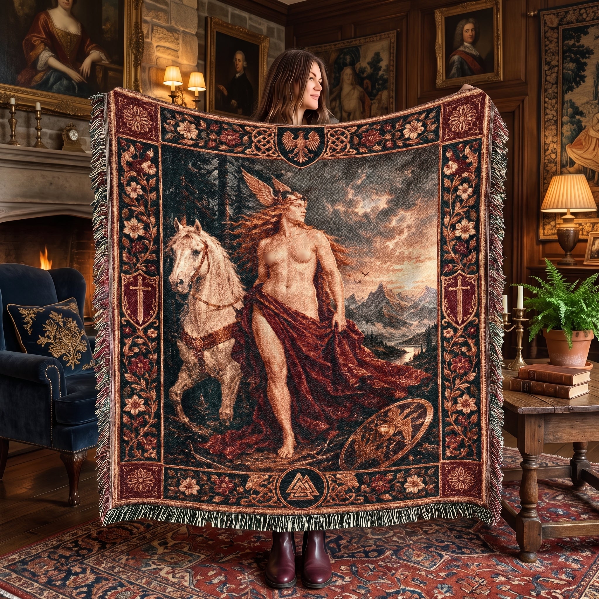 Norse God and White Horse Woven Blanket – Viking Mythology Tapestry Throw