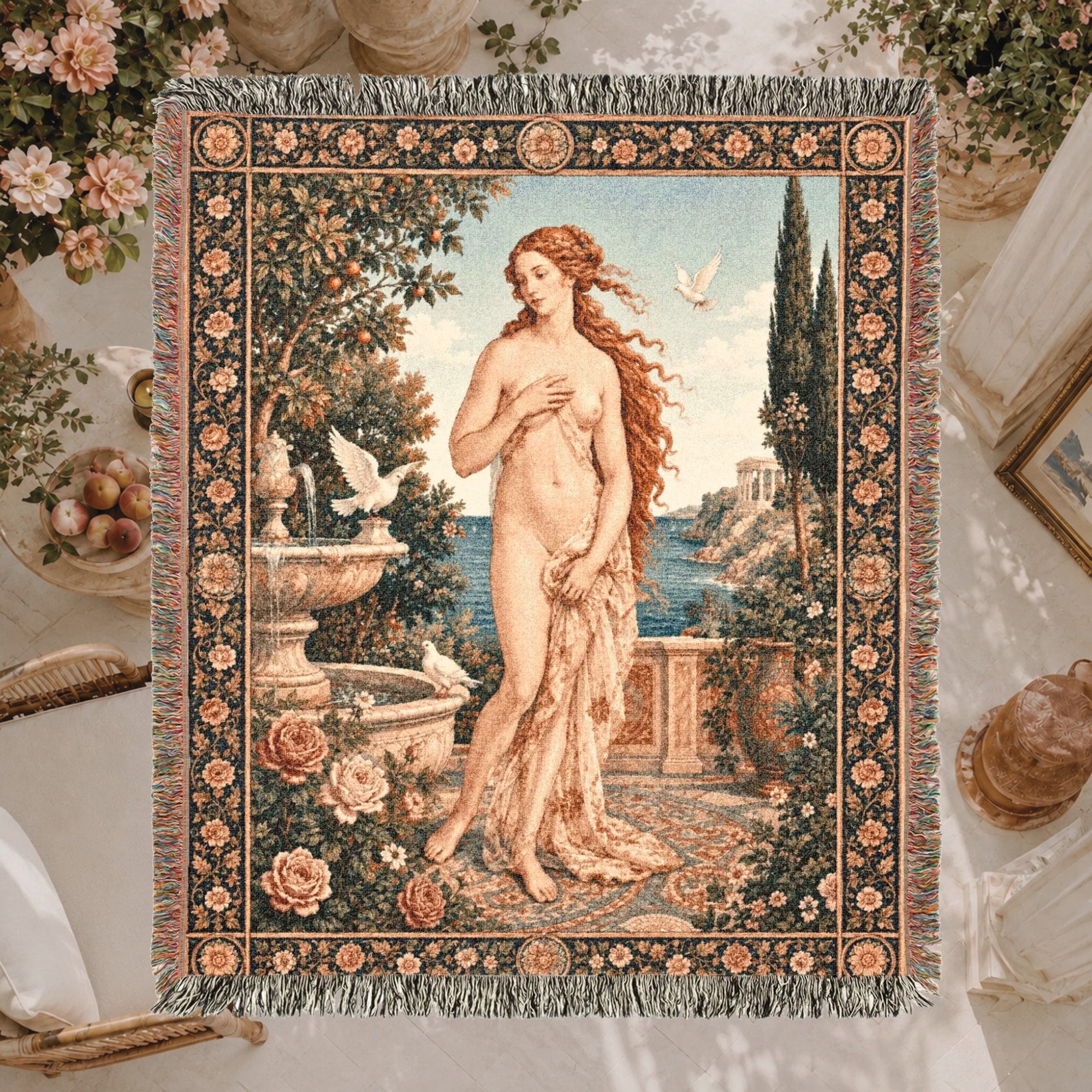 Classical Nude Art Woven Blanket – Romantic Garden Tapestry Throw