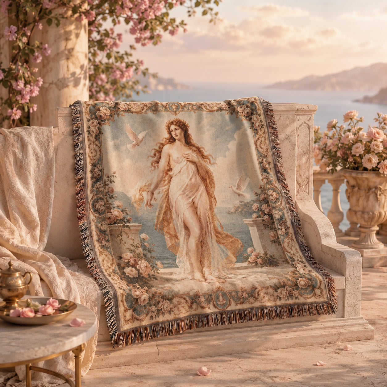 Classical Nude Woman with Doves Woven Blanket – Romantic Seaside Tapestry Throw