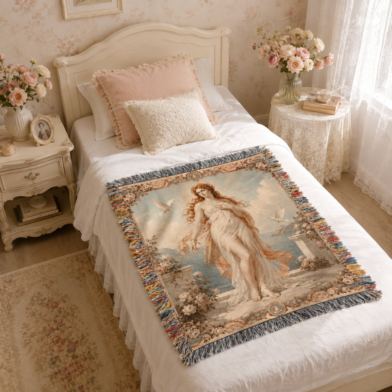 Classical Nude Woman with Doves Woven Blanket – Romantic Seaside Tapestry Throw