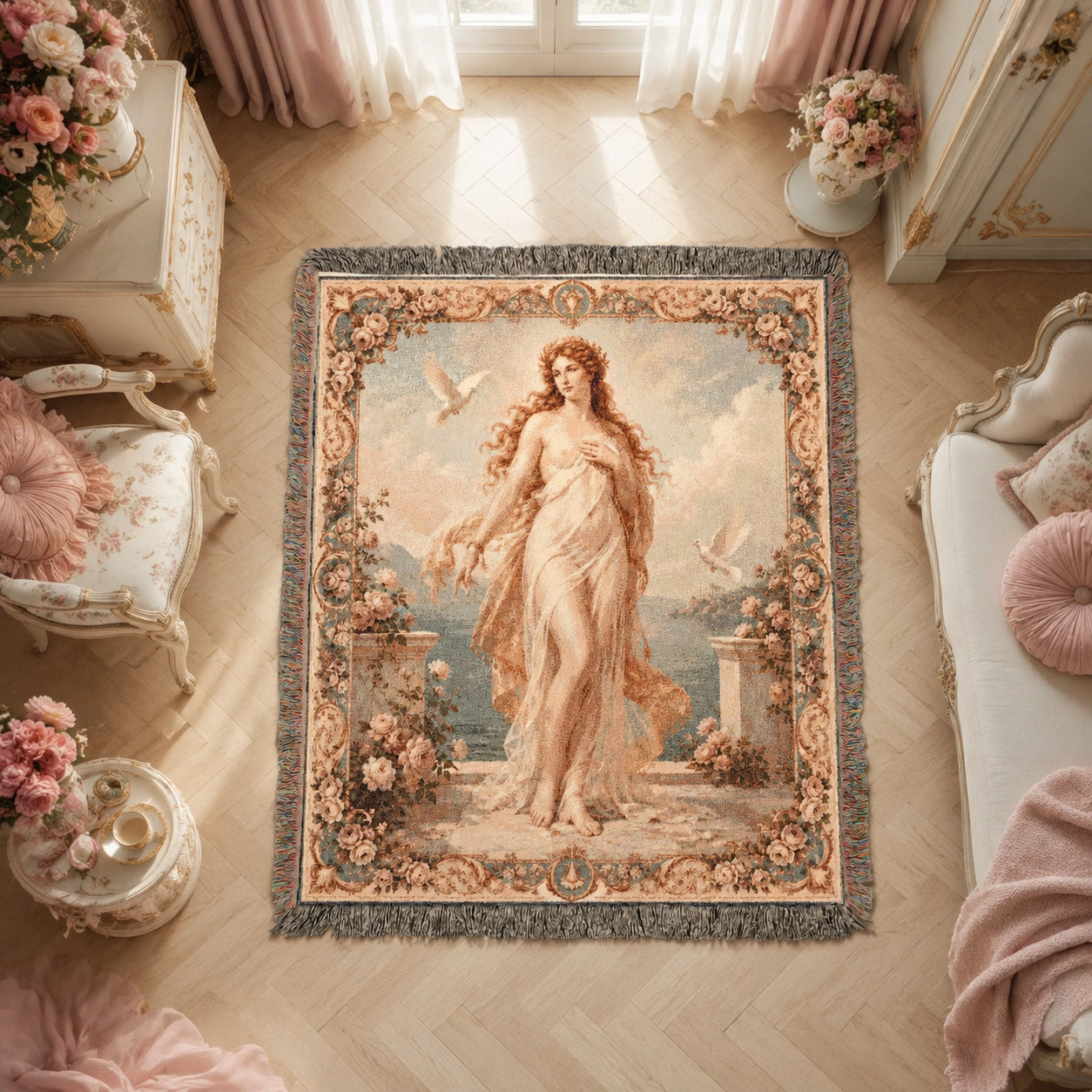 Classical Nude Woman with Doves Woven Blanket – Romantic Seaside Tapestry Throw
