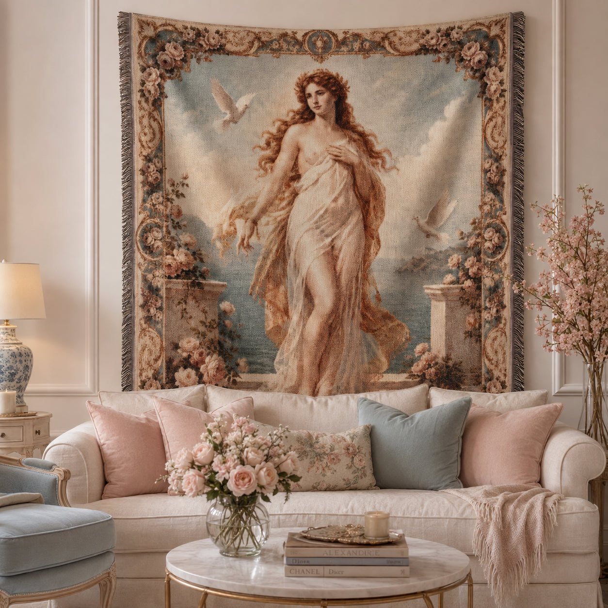 Classical Nude Woman with Doves Woven Blanket – Romantic Seaside Tapestry Throw