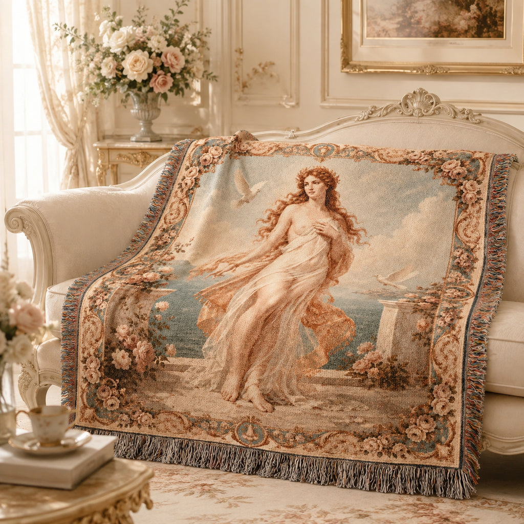 Classical Nude Woman with Doves Woven Blanket – Romantic Seaside Tapestry Throw