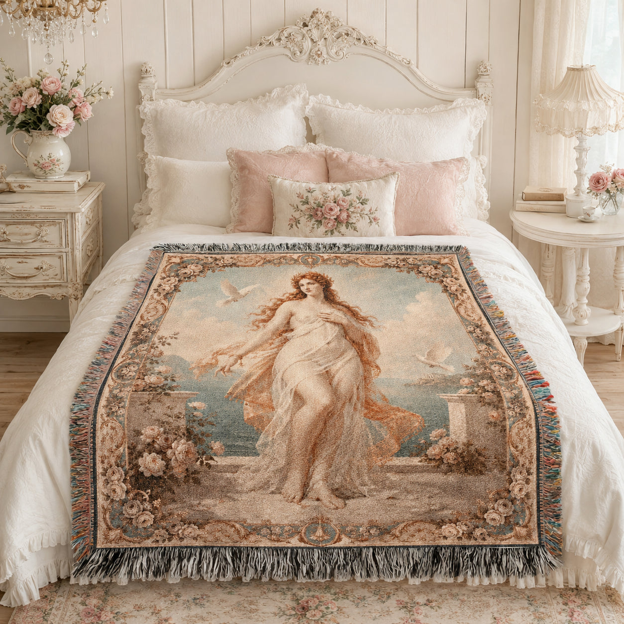 Classical Nude Woman with Doves Woven Blanket – Romantic Seaside Tapestry Throw