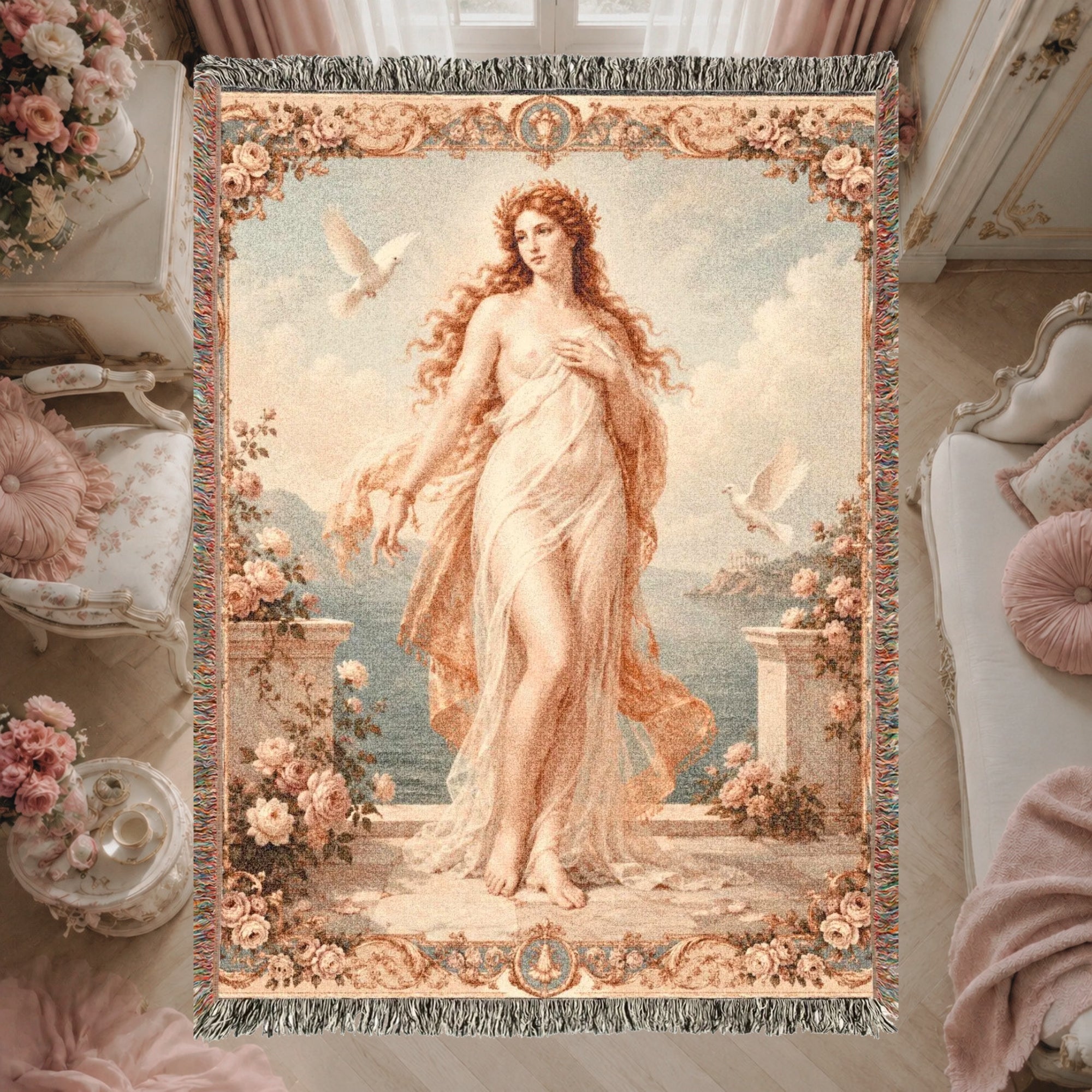Classical Nude Woman with Doves Woven Blanket – Romantic Seaside Tapestry Throw