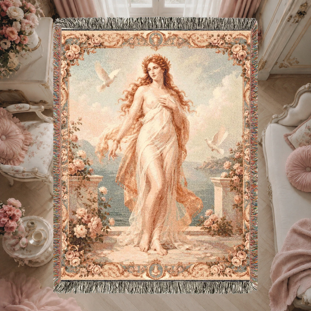 Classical Nude Woman with Doves Woven Blanket – Romantic Seaside Tapestry Throw