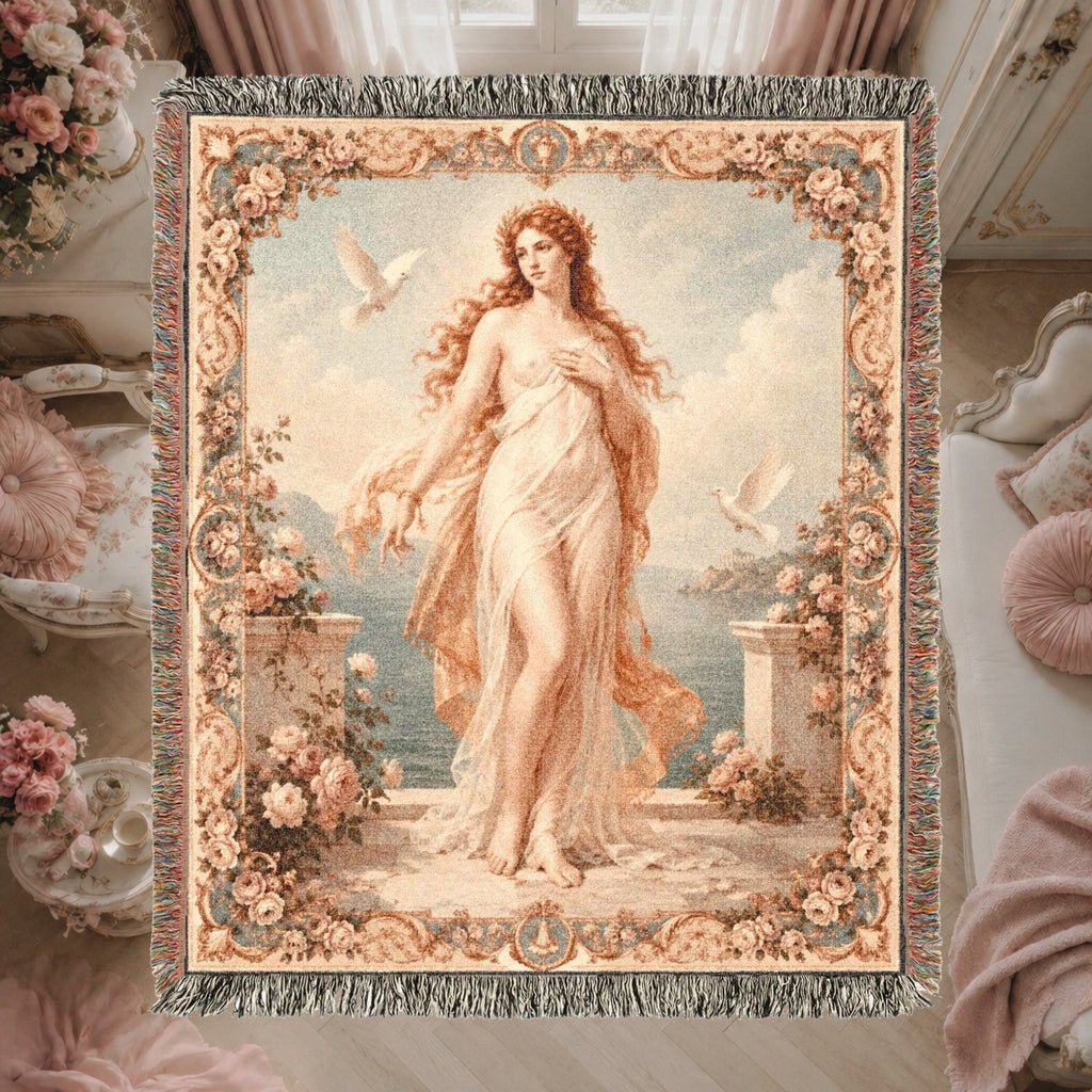 Classical Nude Woman with Doves Woven Blanket – Romantic Seaside Tapestry Throw