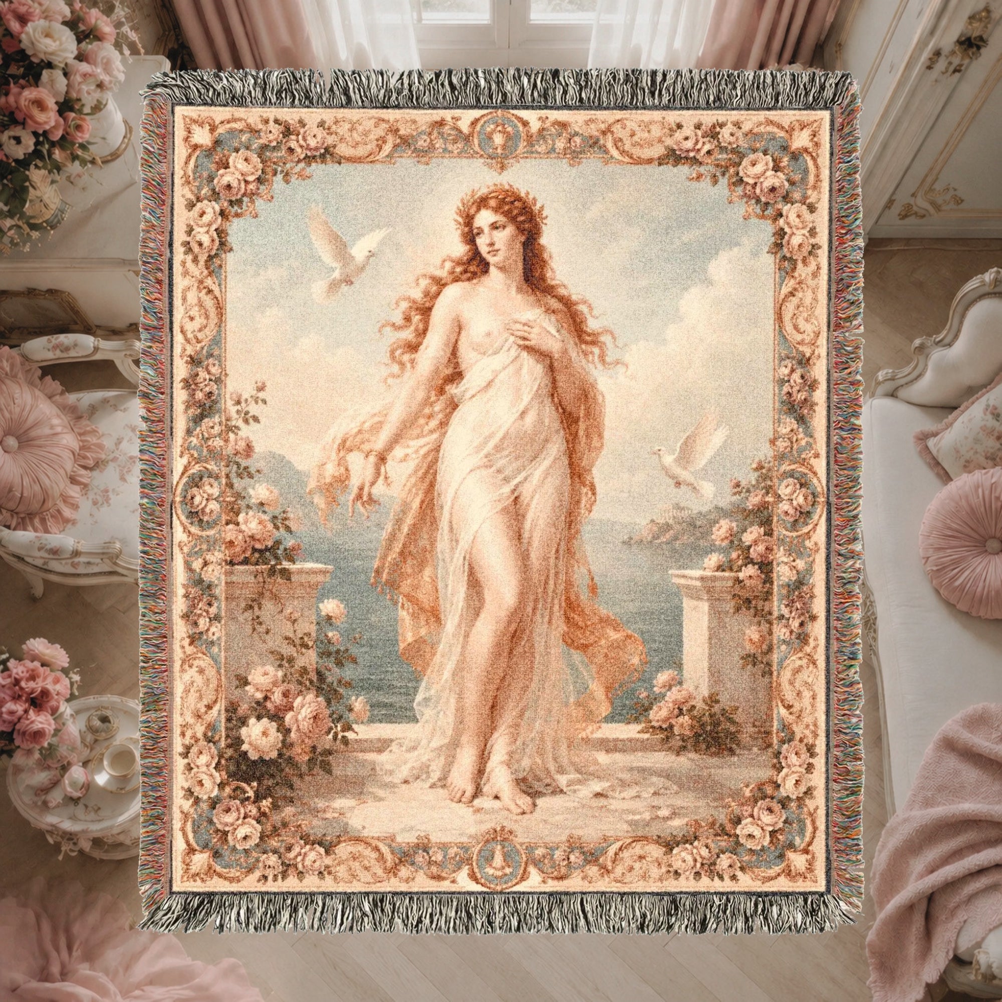Classical Nude Woman with Doves Woven Blanket – Romantic Seaside Tapestry Throw