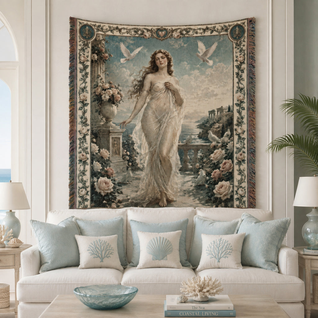 Classical Woman with Doves Woven Blanket – Moonlit Floral Tapestry Throw