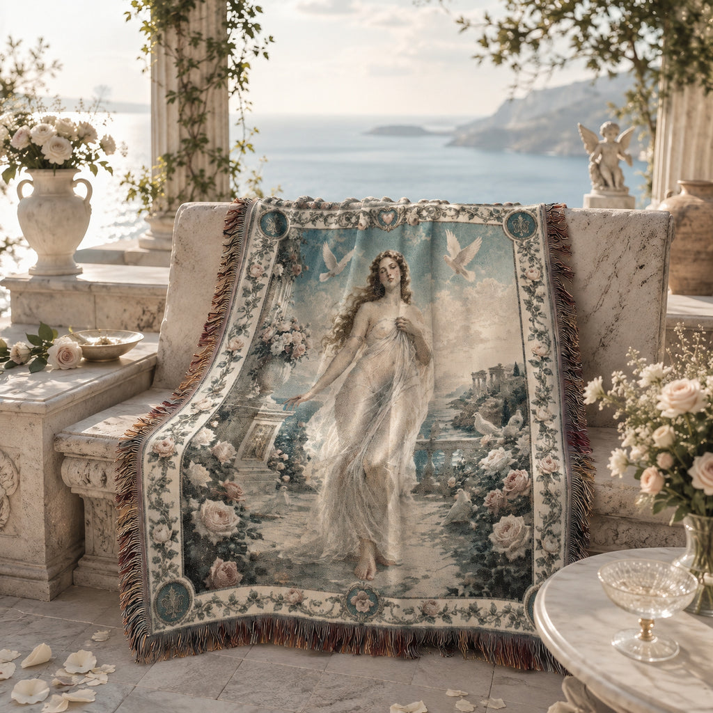 Classical Woman with Doves Woven Blanket – Moonlit Floral Tapestry Throw