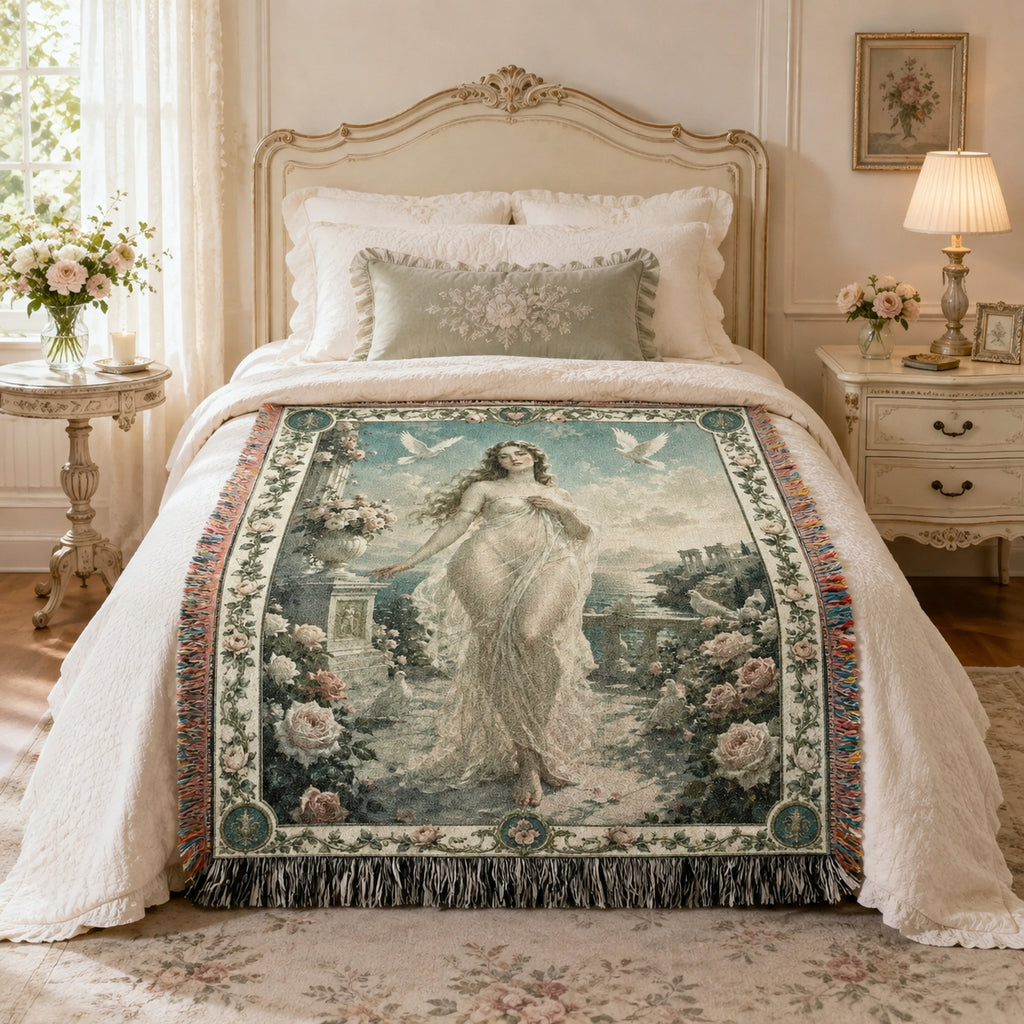 Classical Woman with Doves Woven Blanket – Moonlit Floral Tapestry Throw