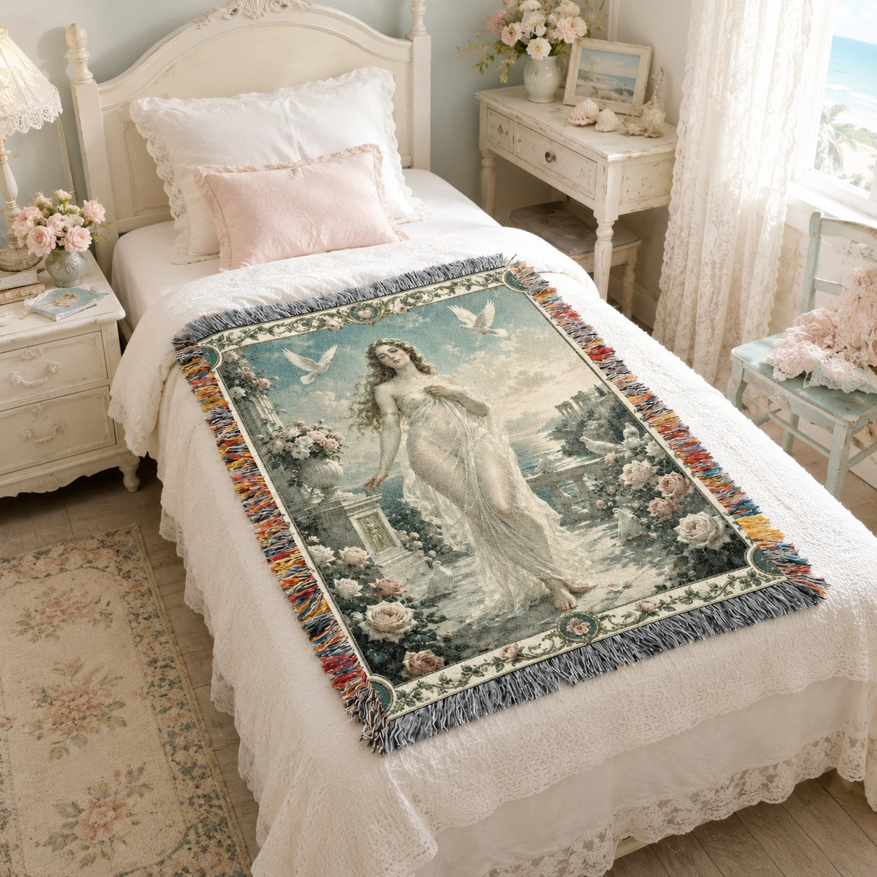 Classical Woman with Doves Woven Blanket – Moonlit Floral Tapestry Throw