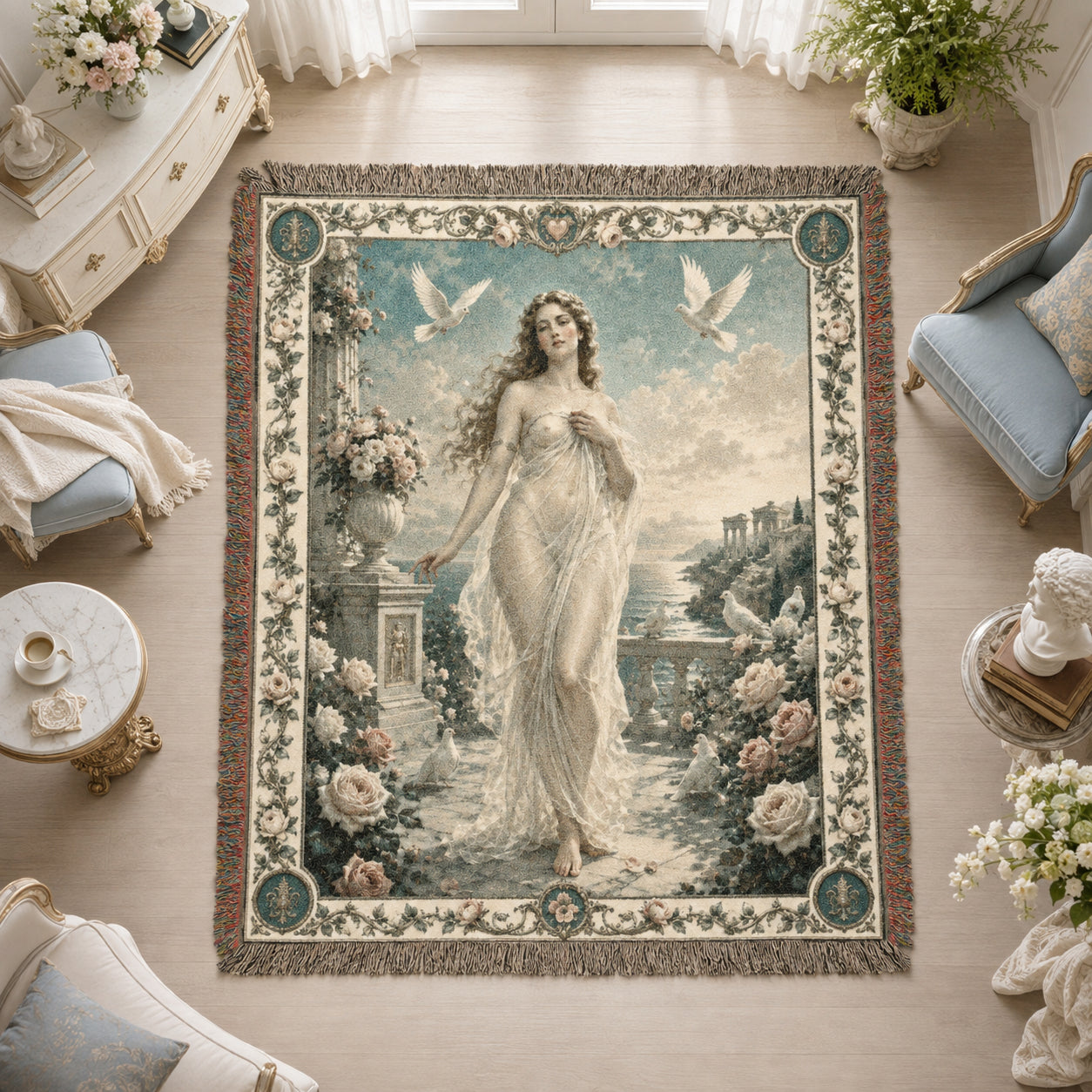 Classical Woman with Doves Woven Blanket – Moonlit Floral Tapestry Throw
