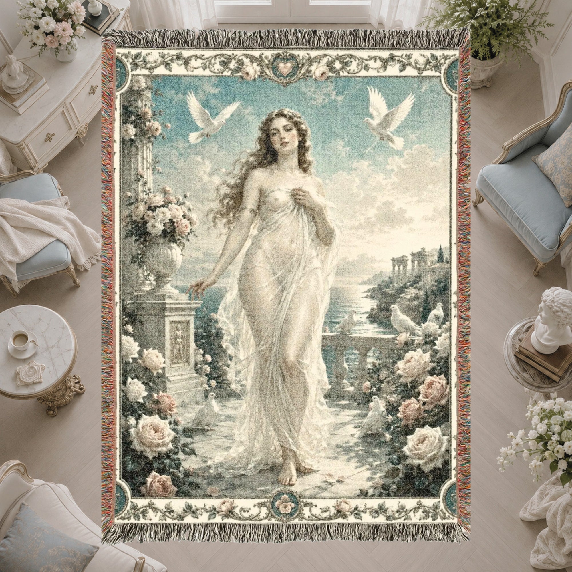 Classical Woman with Doves Woven Blanket – Moonlit Floral Tapestry Throw