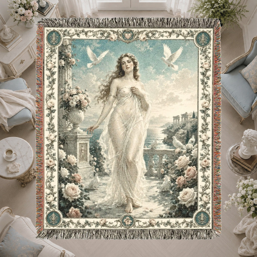 Classical Woman with Doves Woven Blanket – Moonlit Floral Tapestry Throw