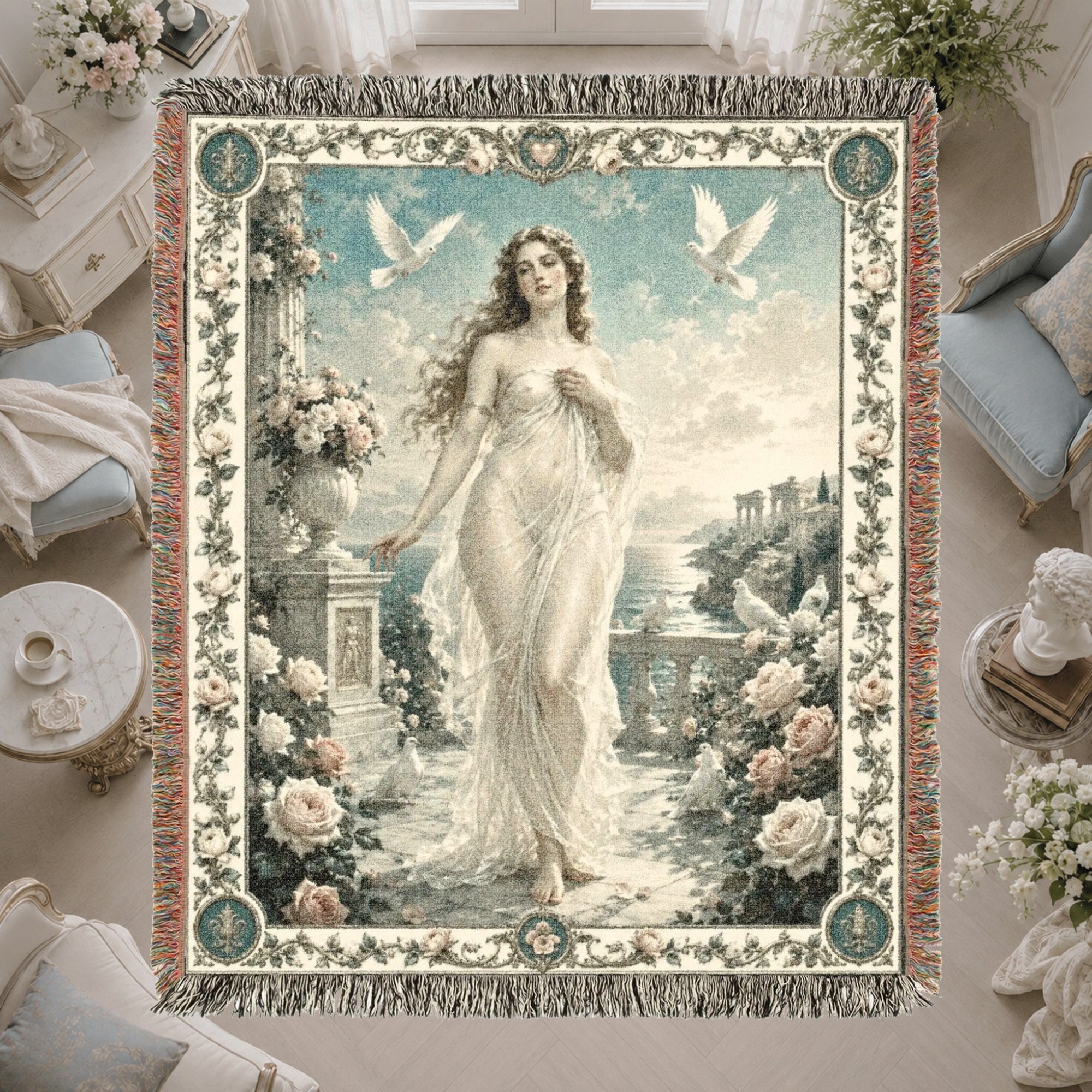 Classical Woman with Doves Woven Blanket – Moonlit Floral Tapestry Throw