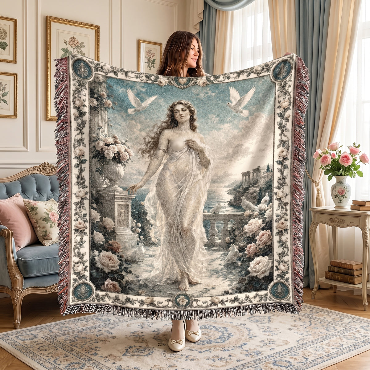 Classical Woman with Doves Woven Blanket – Moonlit Floral Tapestry Throw