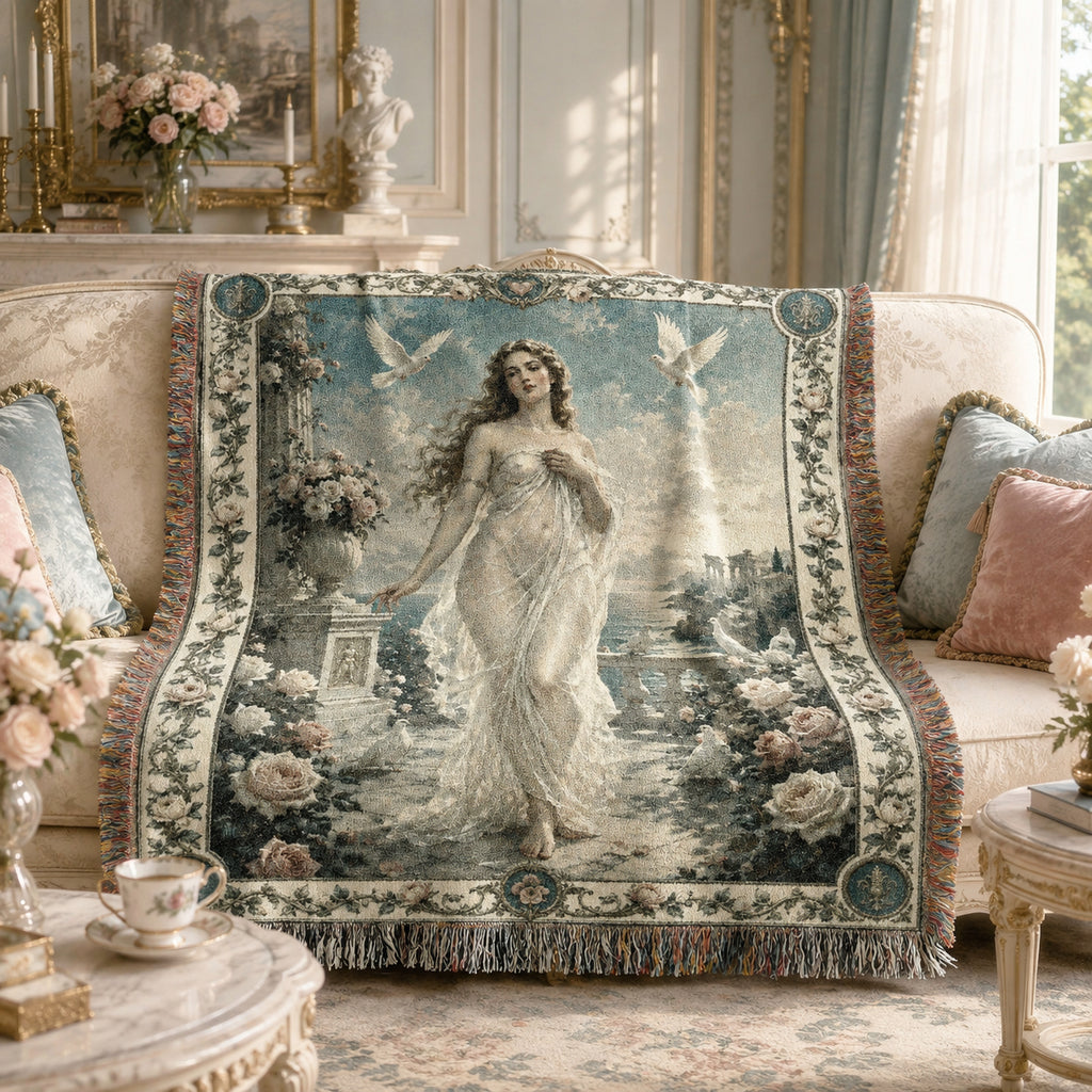 Classical Woman with Doves Woven Blanket – Moonlit Floral Tapestry Throw