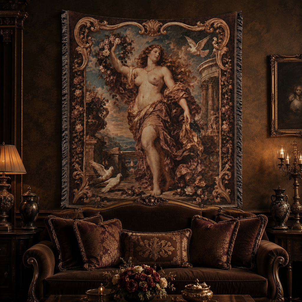 Classical Nude Woman with Flowers Woven Blanket – Baroque Seaside Tapestry Throw