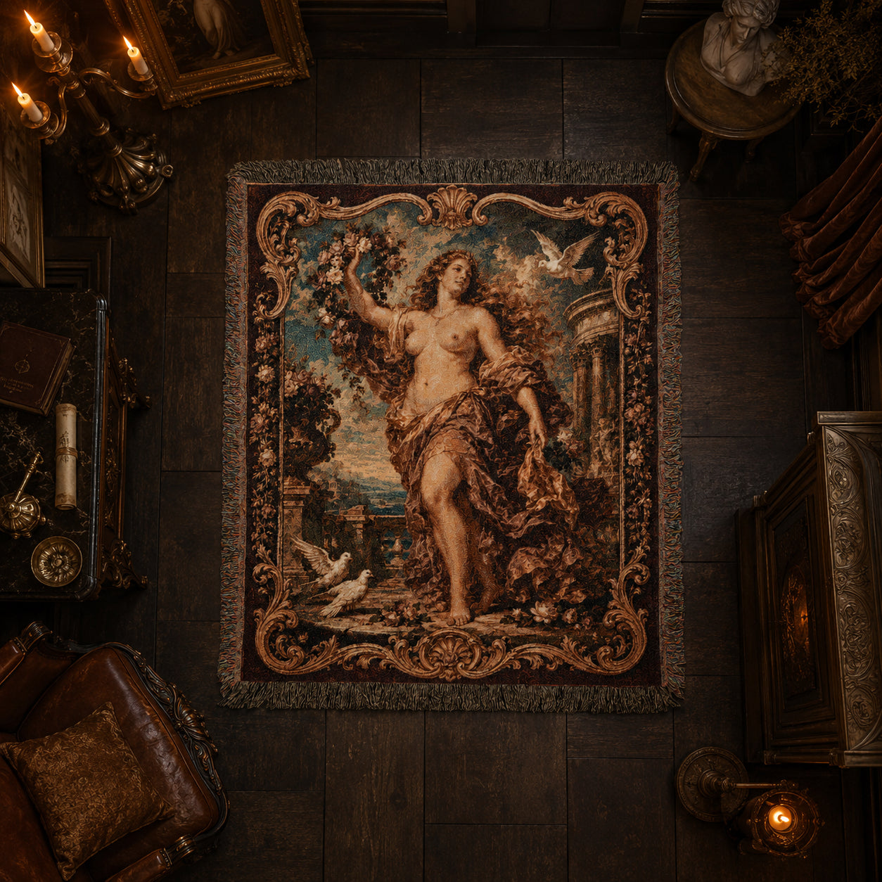 Classical Nude Woman with Flowers Woven Blanket – Baroque Seaside Tapestry Throw