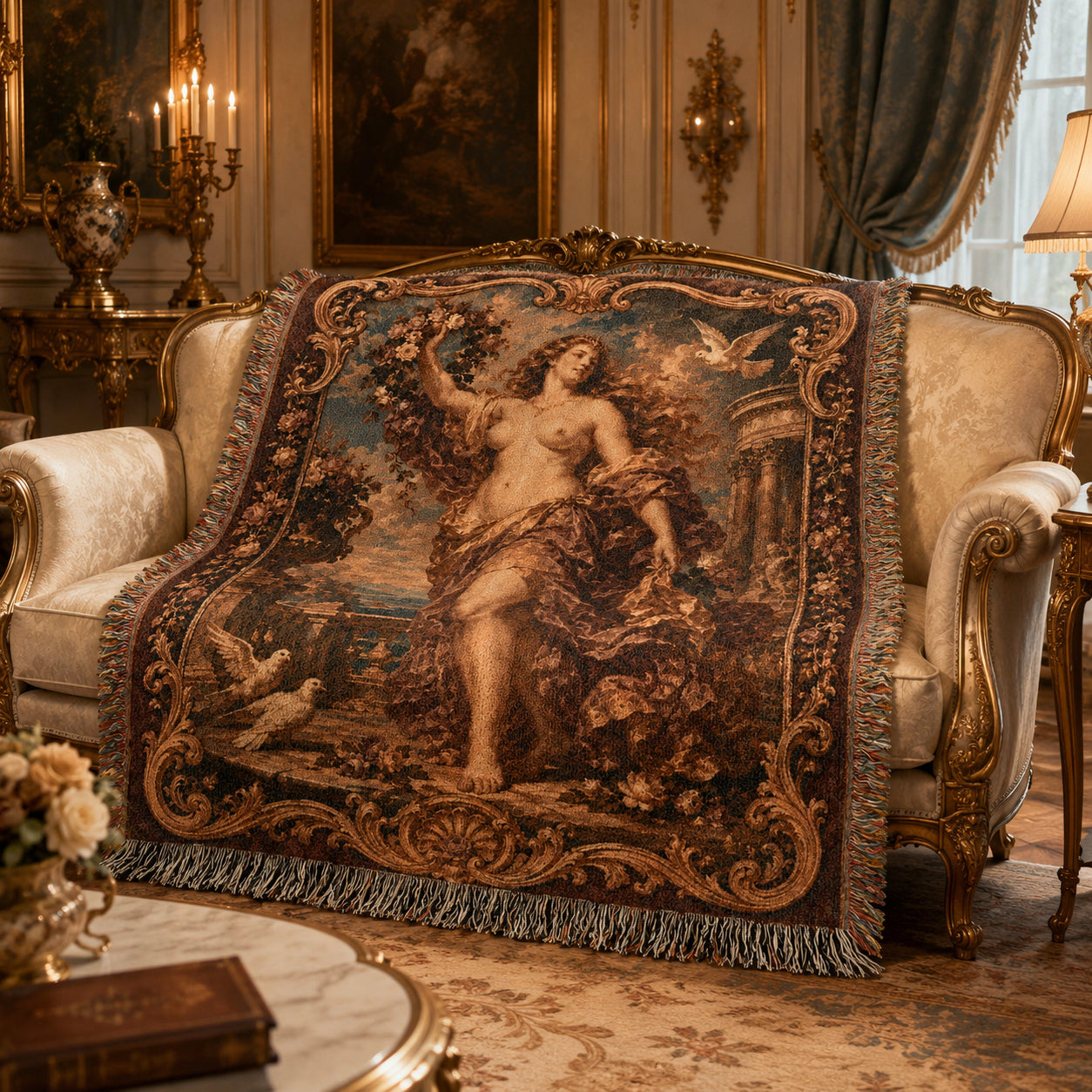 Classical Nude Woman with Flowers Woven Blanket – Baroque Seaside Tapestry Throw