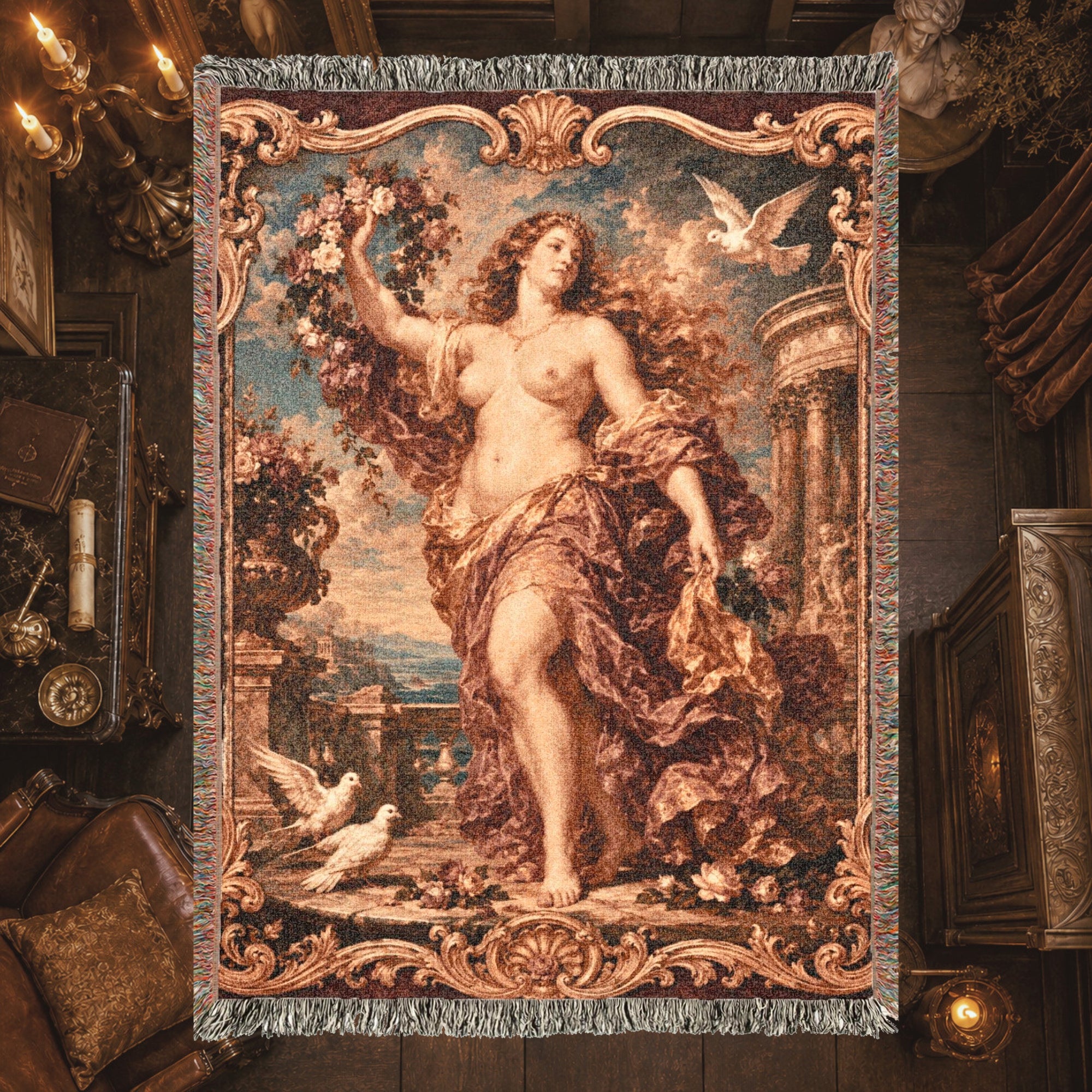 Classical Nude Woman with Flowers Woven Blanket – Baroque Seaside Tapestry Throw