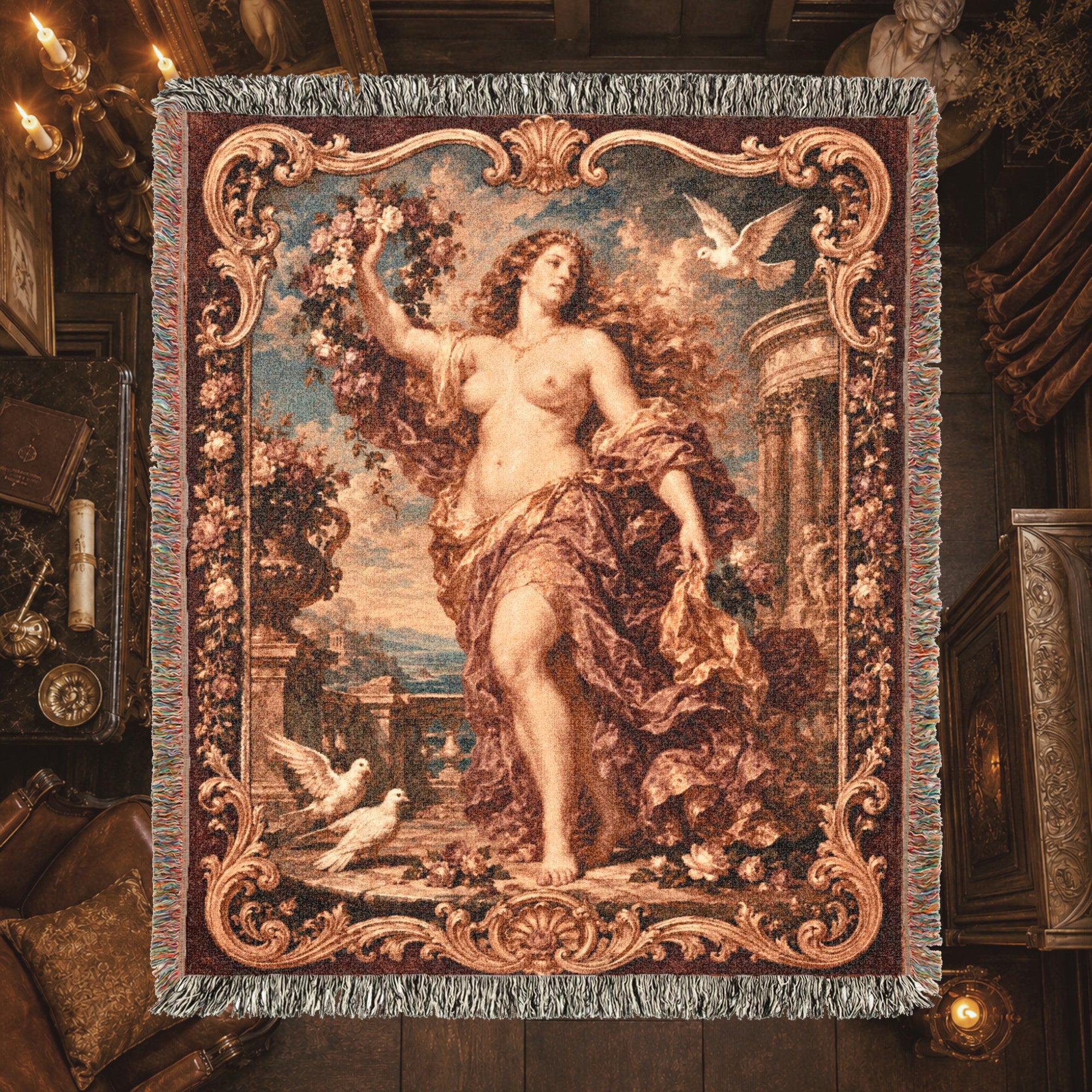 Classical Nude Woman with Flowers Woven Blanket – Baroque Seaside Tapestry Throw