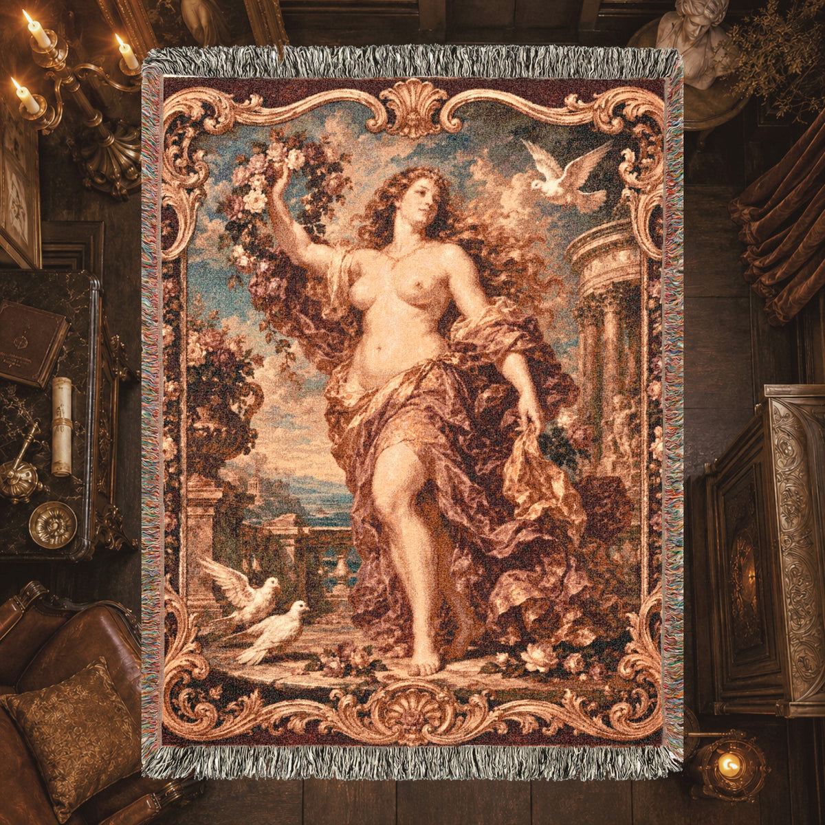 Classical Nude Woman with Flowers Woven Blanket – Baroque Seaside Tapestry Throw