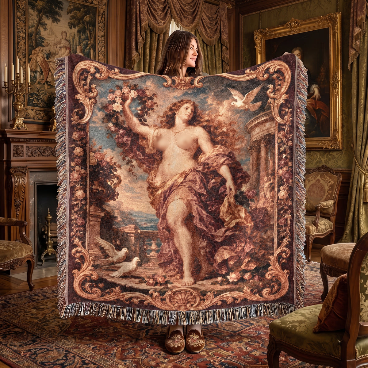 Classical Nude Woman with Flowers Woven Blanket – Baroque Seaside Tapestry Throw