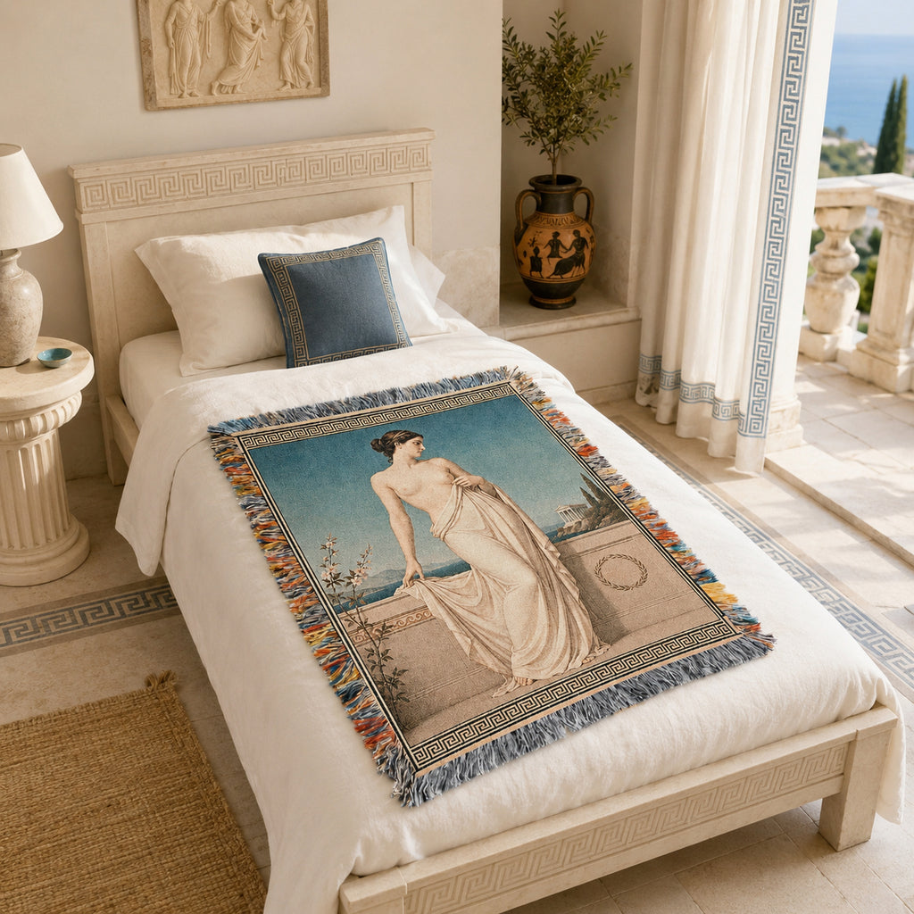 Classical Nude Woman on Terrace Woven Blanket – Greek Revival Tapestry Throw