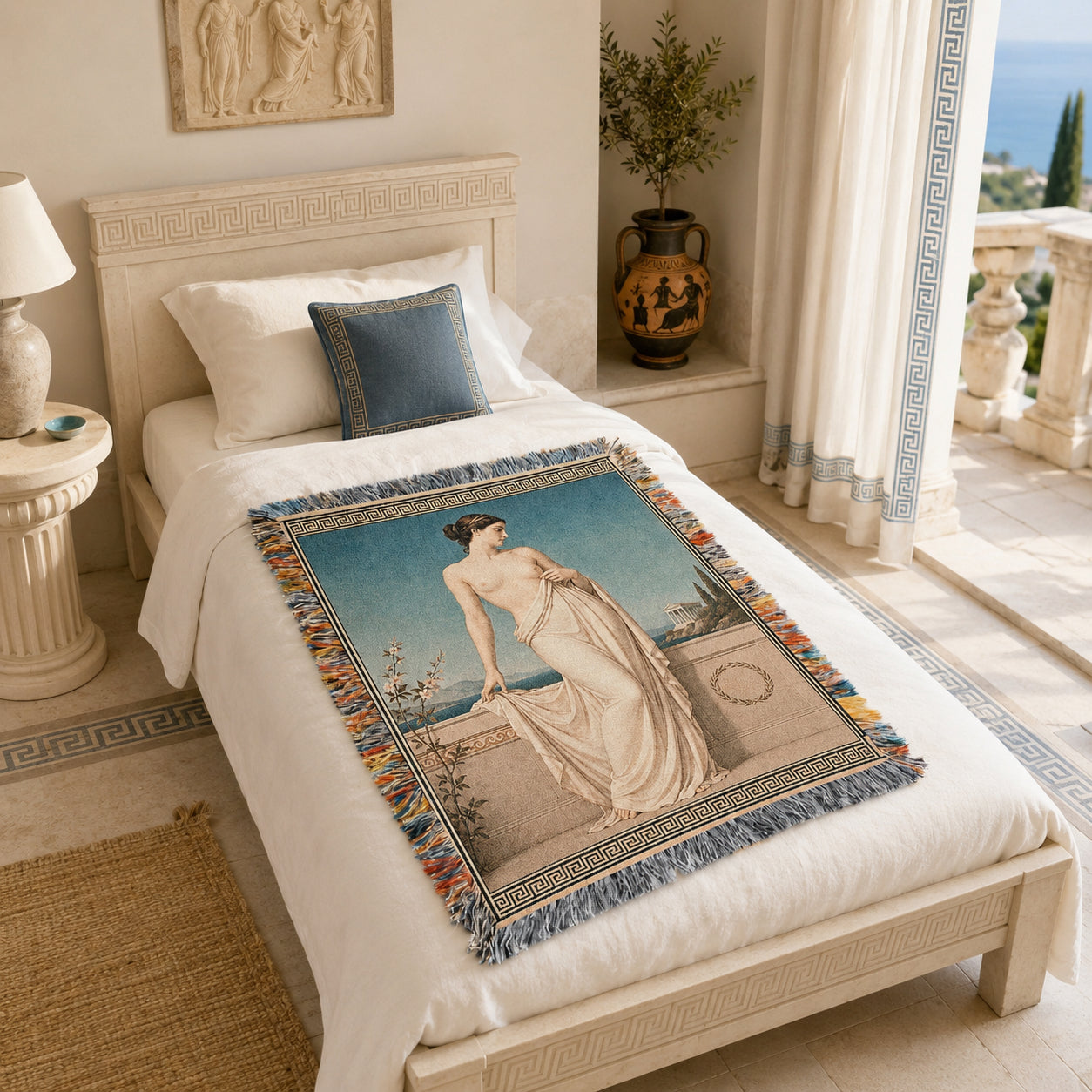 Classical Nude Woman on Terrace Woven Blanket – Greek Revival Tapestry Throw