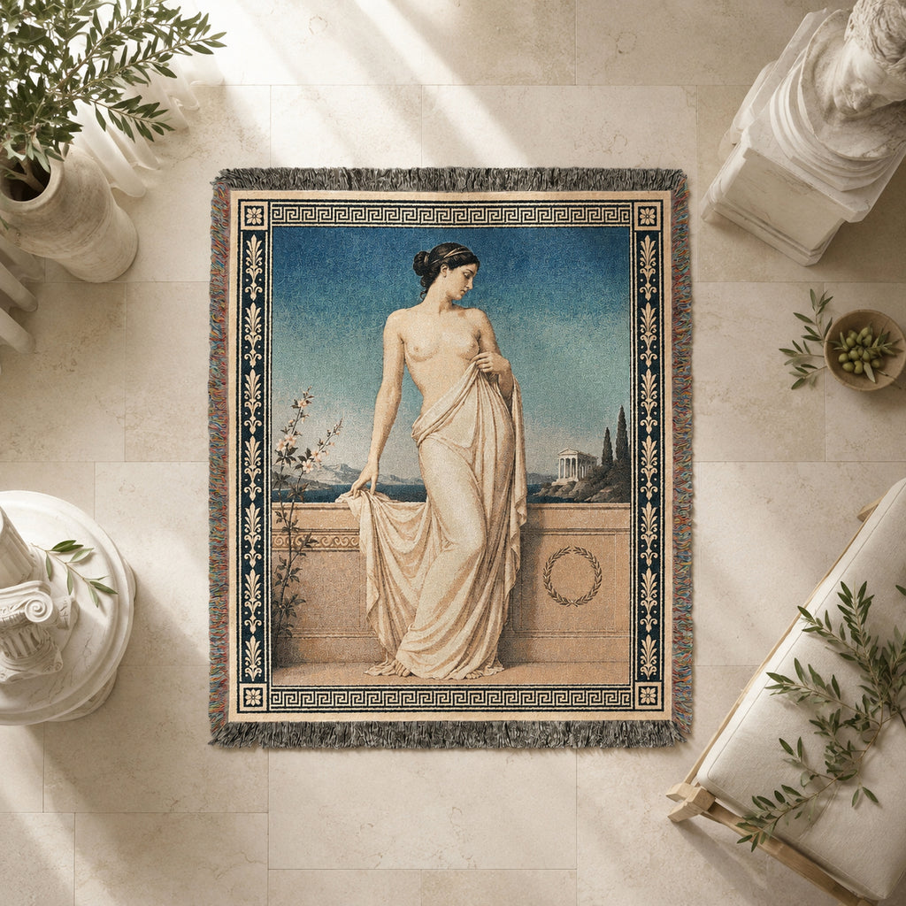 Classical Nude Woman on Terrace Woven Blanket – Greek Revival Tapestry Throw