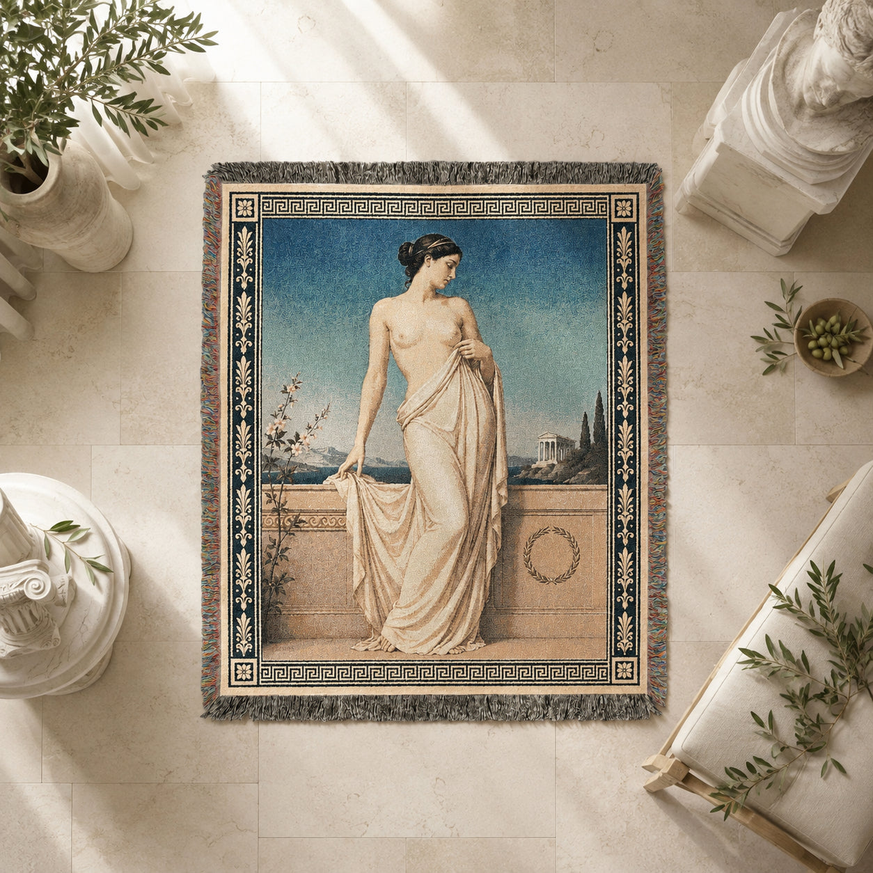 Classical Nude Woman on Terrace Woven Blanket – Greek Revival Tapestry Throw
