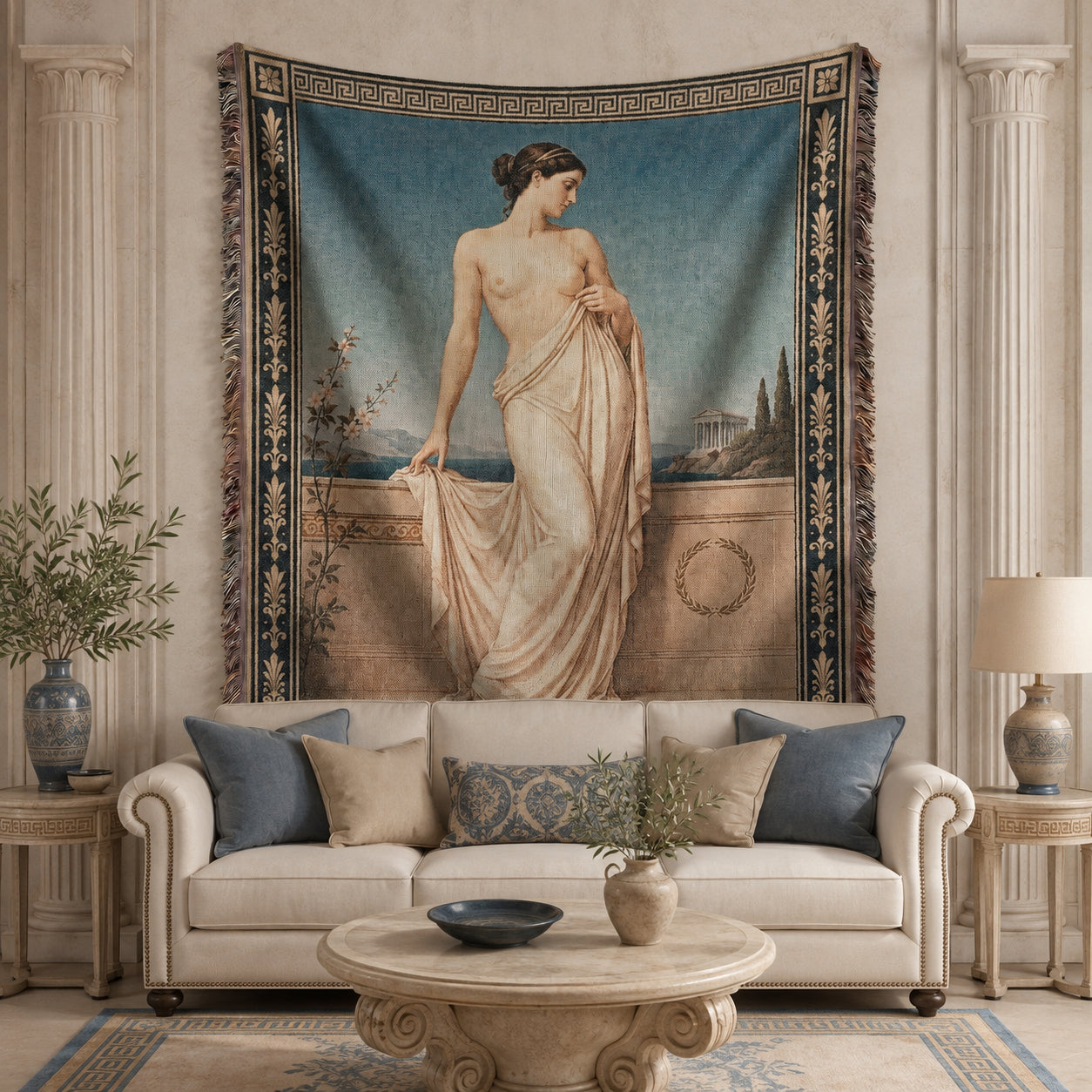 Classical Nude Woman on Terrace Woven Blanket – Greek Revival Tapestry Throw