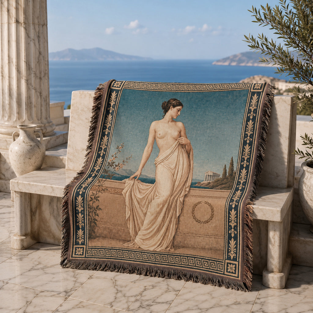 Classical Nude Woman on Terrace Woven Blanket – Greek Revival Tapestry Throw