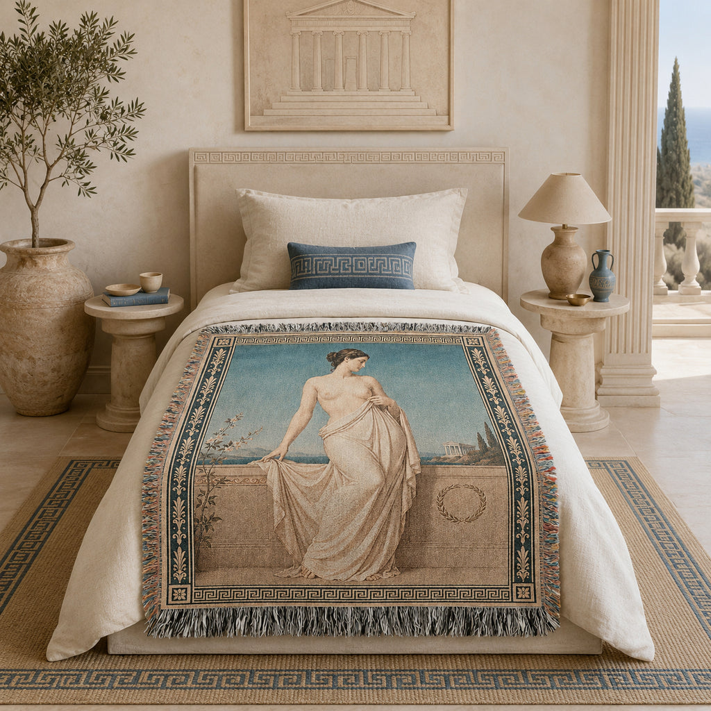 Classical Nude Woman on Terrace Woven Blanket – Greek Revival Tapestry Throw