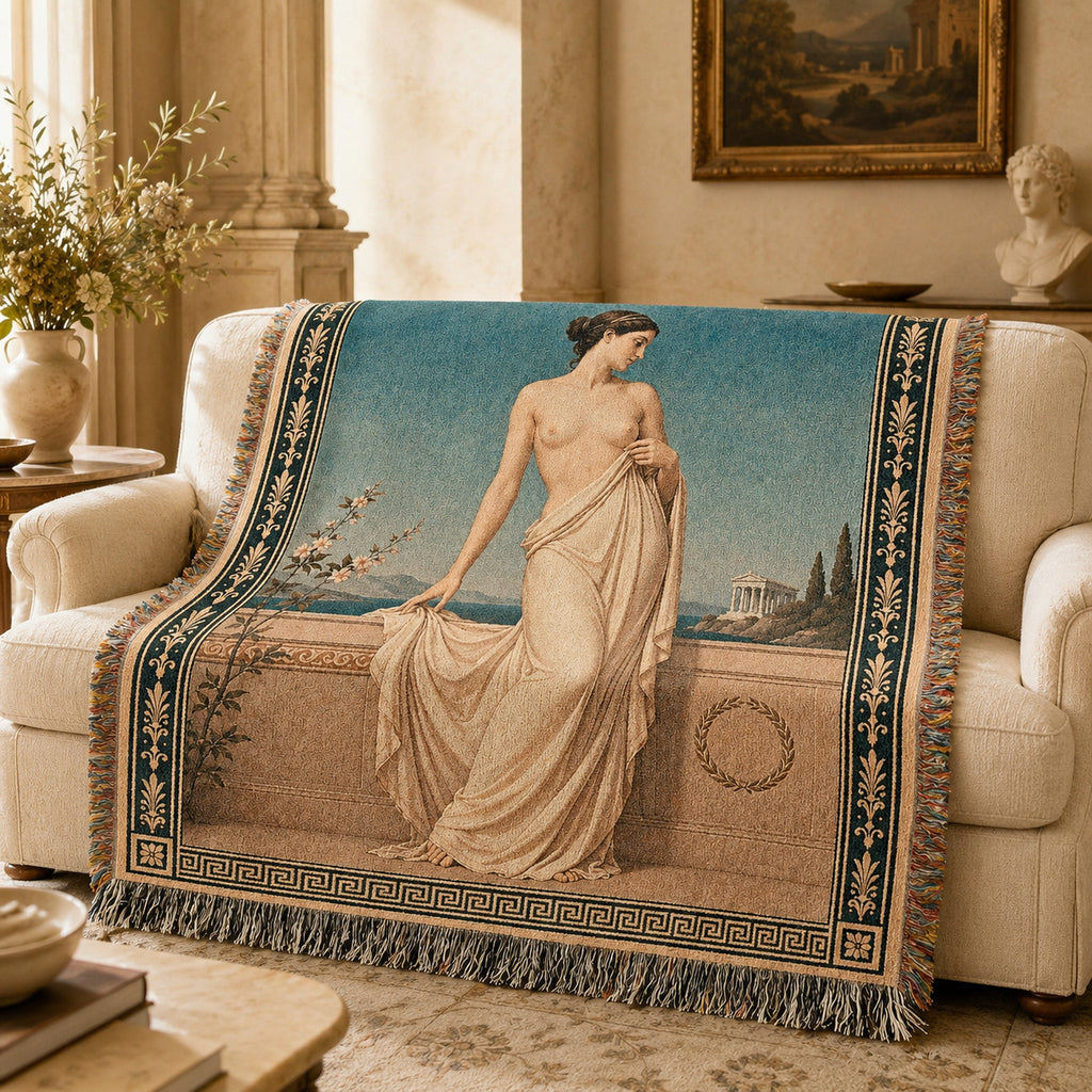 Classical Nude Woman on Terrace Woven Blanket – Greek Revival Tapestry Throw