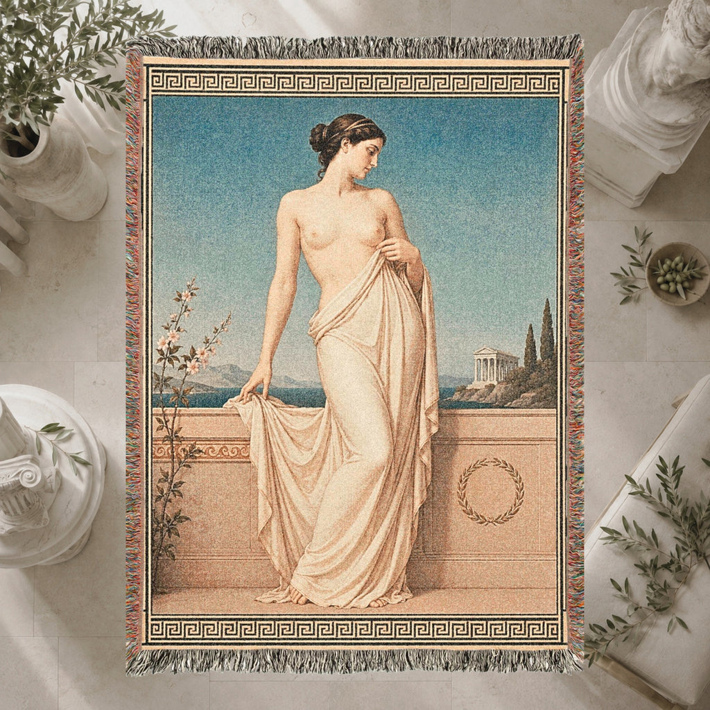 Classical Nude Woman on Terrace Woven Blanket – Greek Revival Tapestry Throw