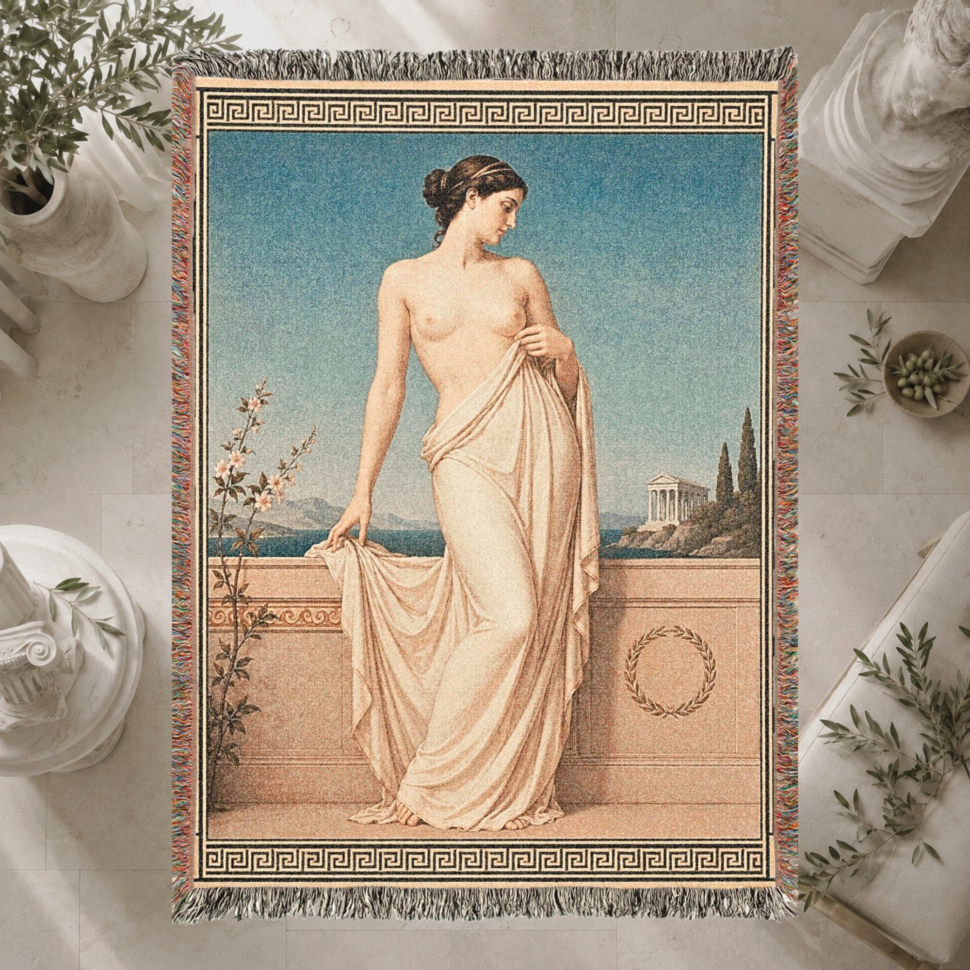 Classical Nude Woman on Terrace Woven Blanket – Greek Revival Tapestry Throw